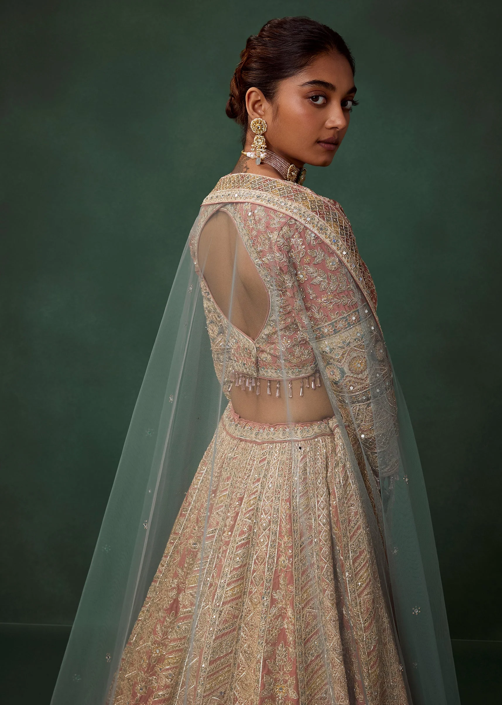 Peach Kali Bridal Lehenga Set with Cutdana Work - Image 6