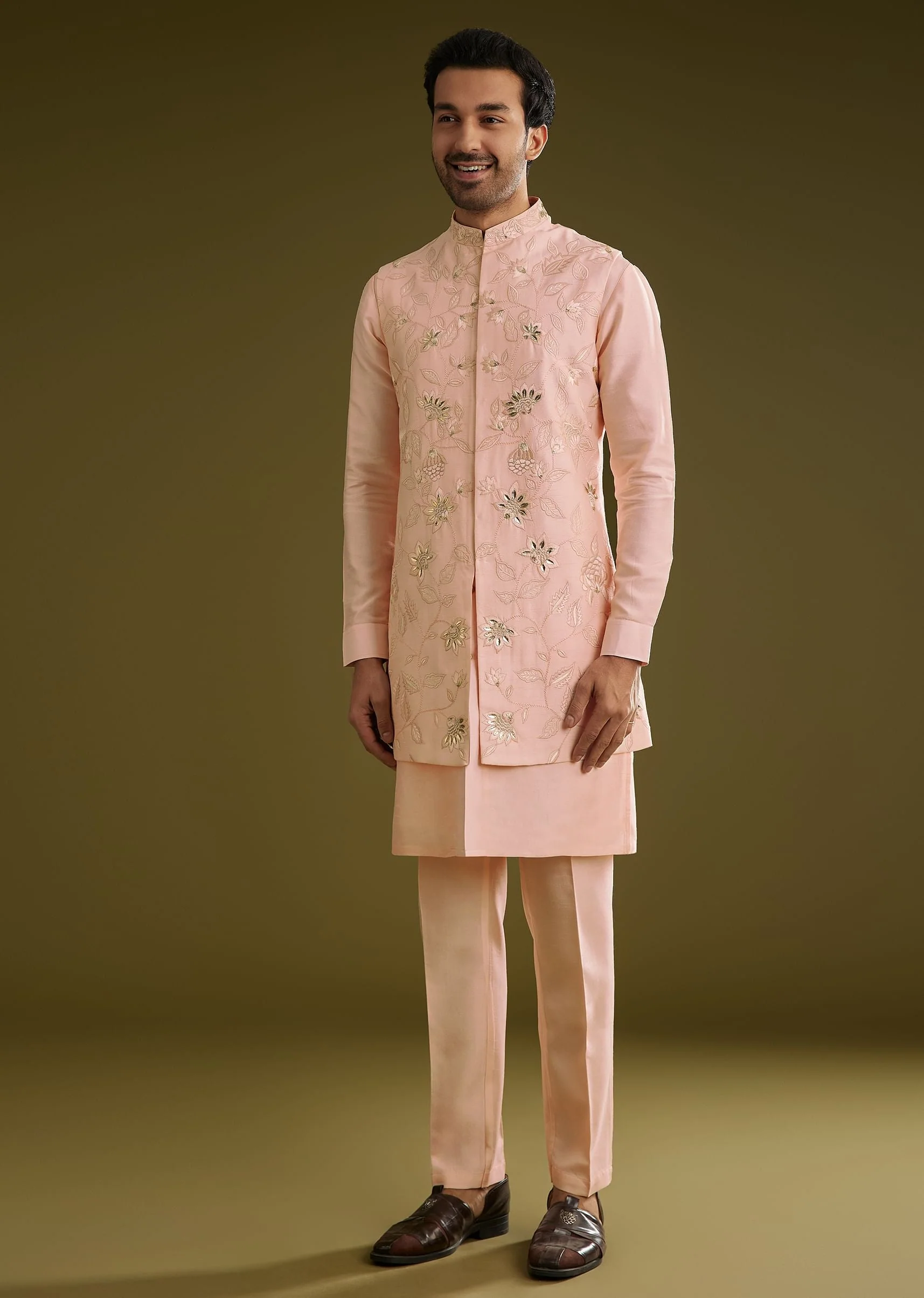 Peach Kurta Jacket Set In Cotton Silk With Embroidery Thread Work - Image 2