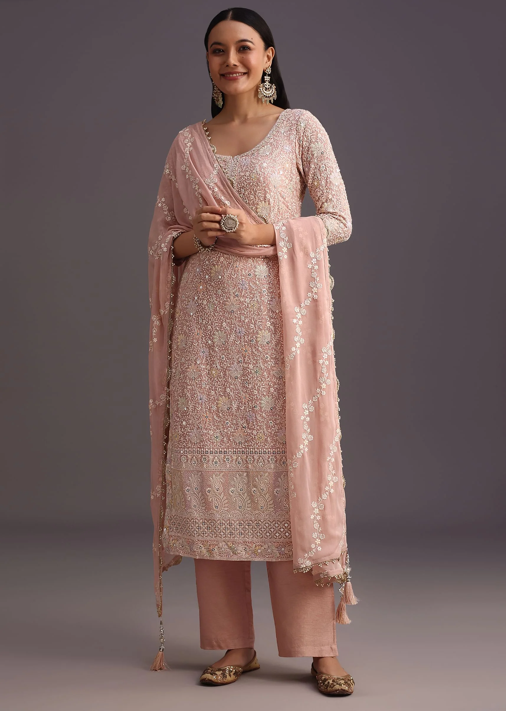 Peach Lucknowi Kurti With Resham Dupatta And Gotta Work Border - Image 2