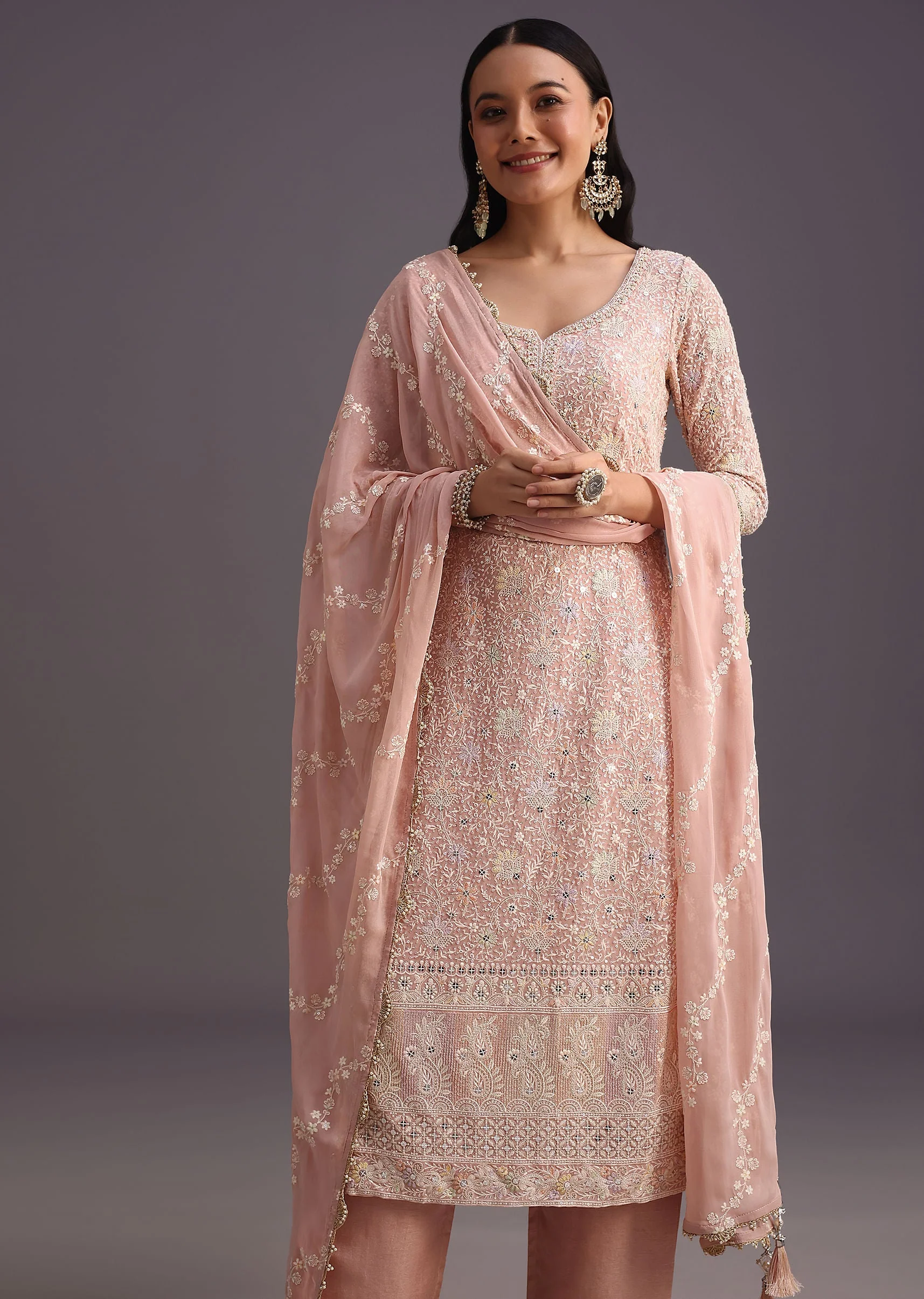 Peach Lucknowi Kurti With Resham Dupatta And Gotta Work Border - Image 4