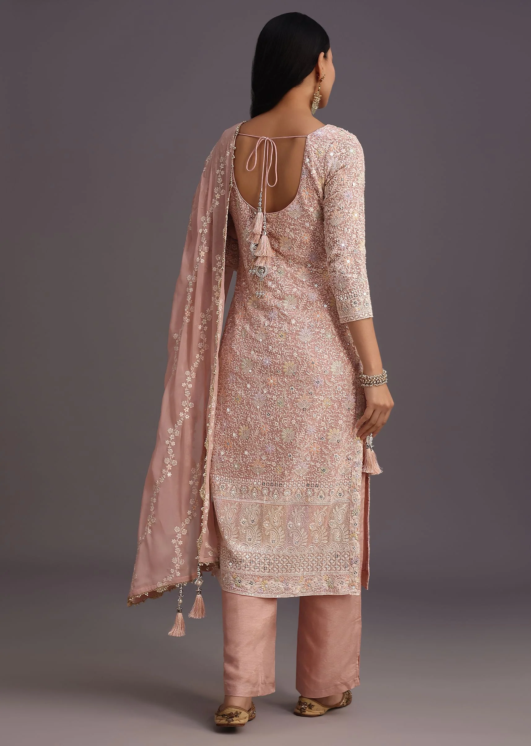 Peach Lucknowi Kurti With Resham Dupatta And Gotta Work Border - Image 5