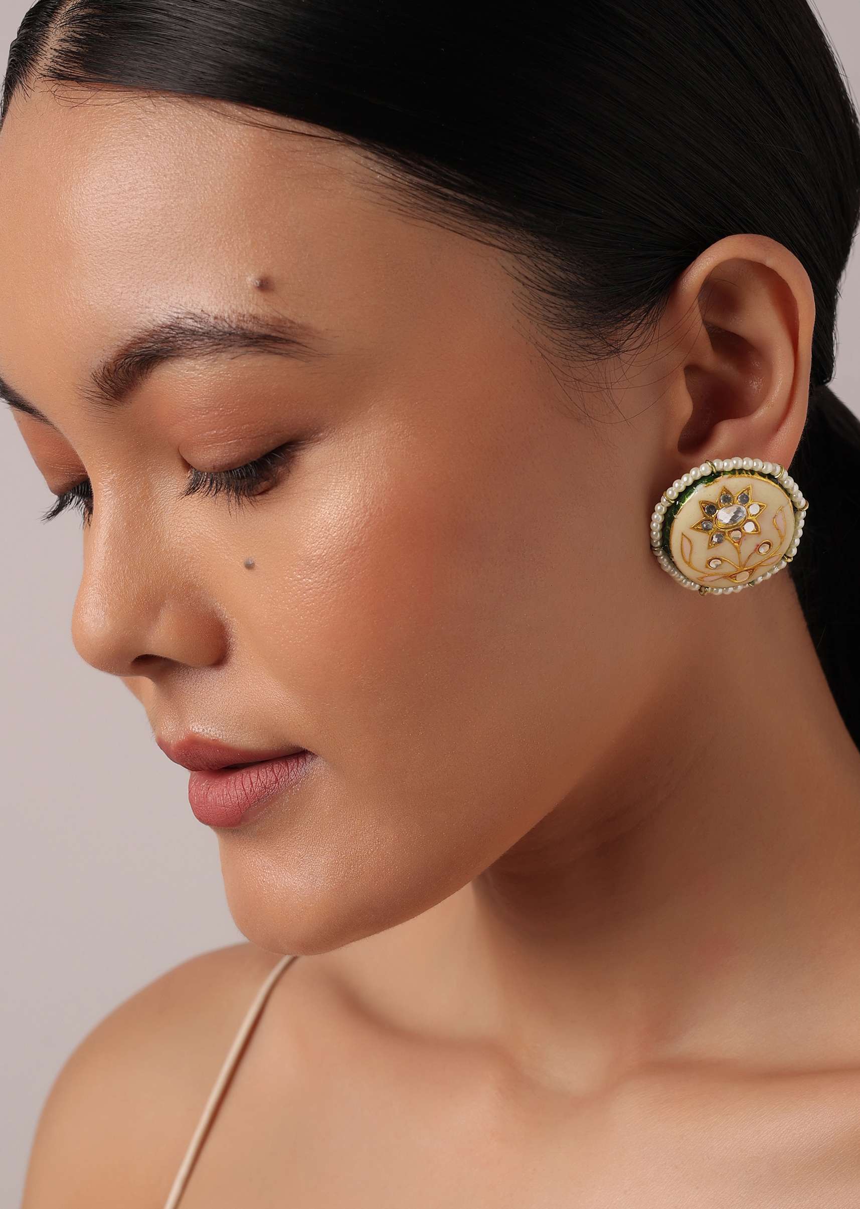 Peach Meenakari Stud Earrings With Studded Stones - Image 2