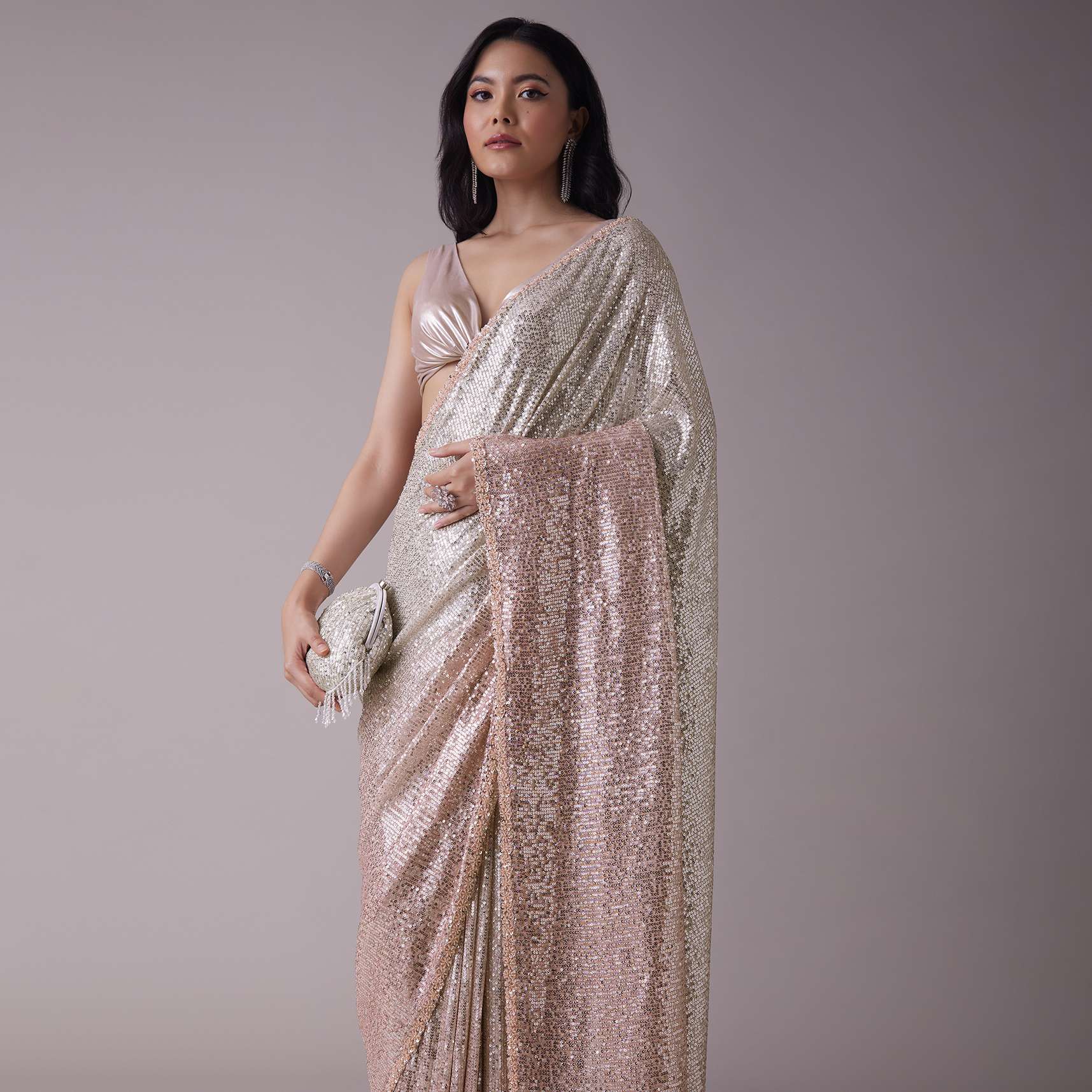 Peach Pink And Silver Toned Sequins Saree With An Embellished Border - Image 2