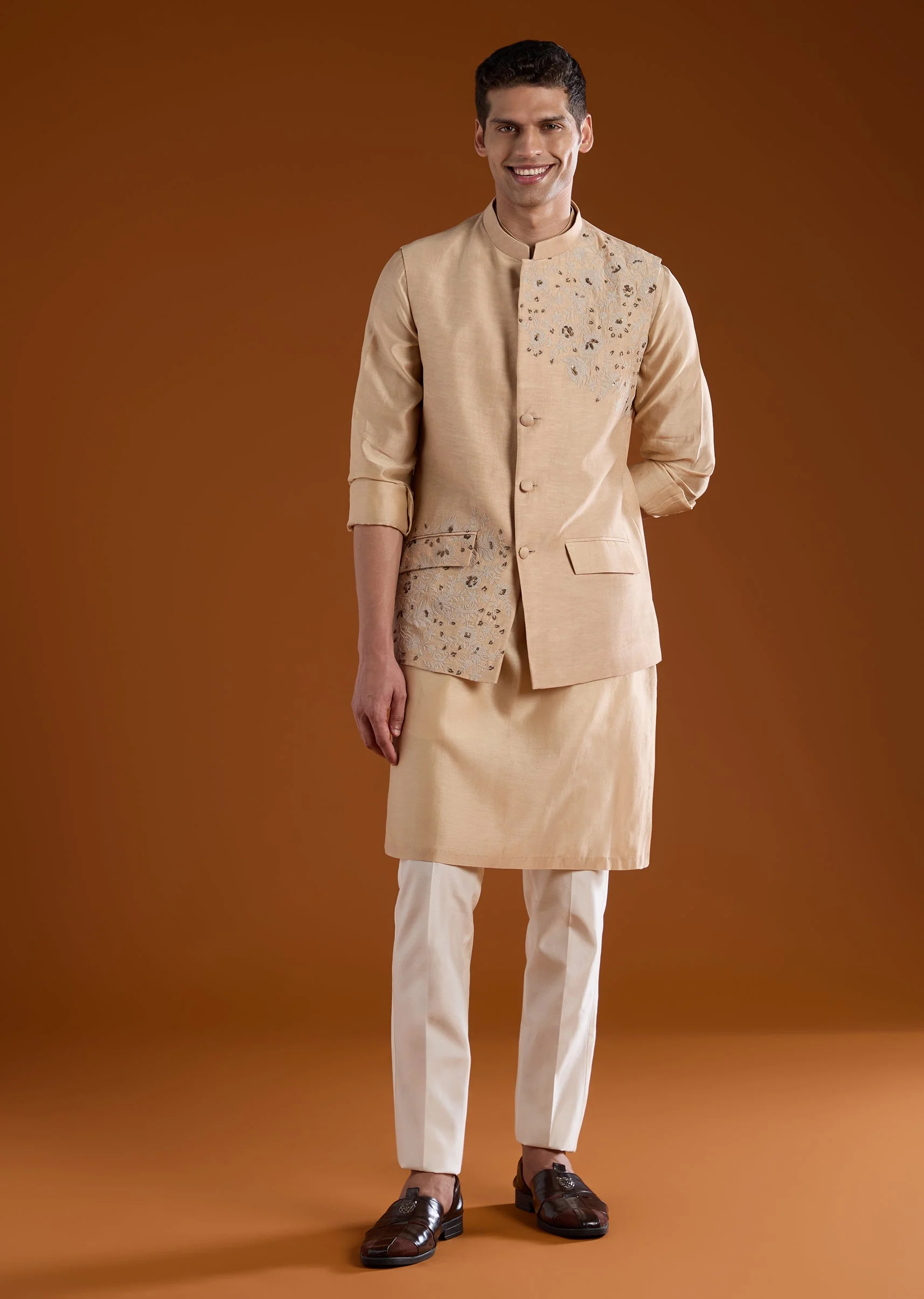 Peach Mens Chanderi Jacket and Kurta Set - Image 3