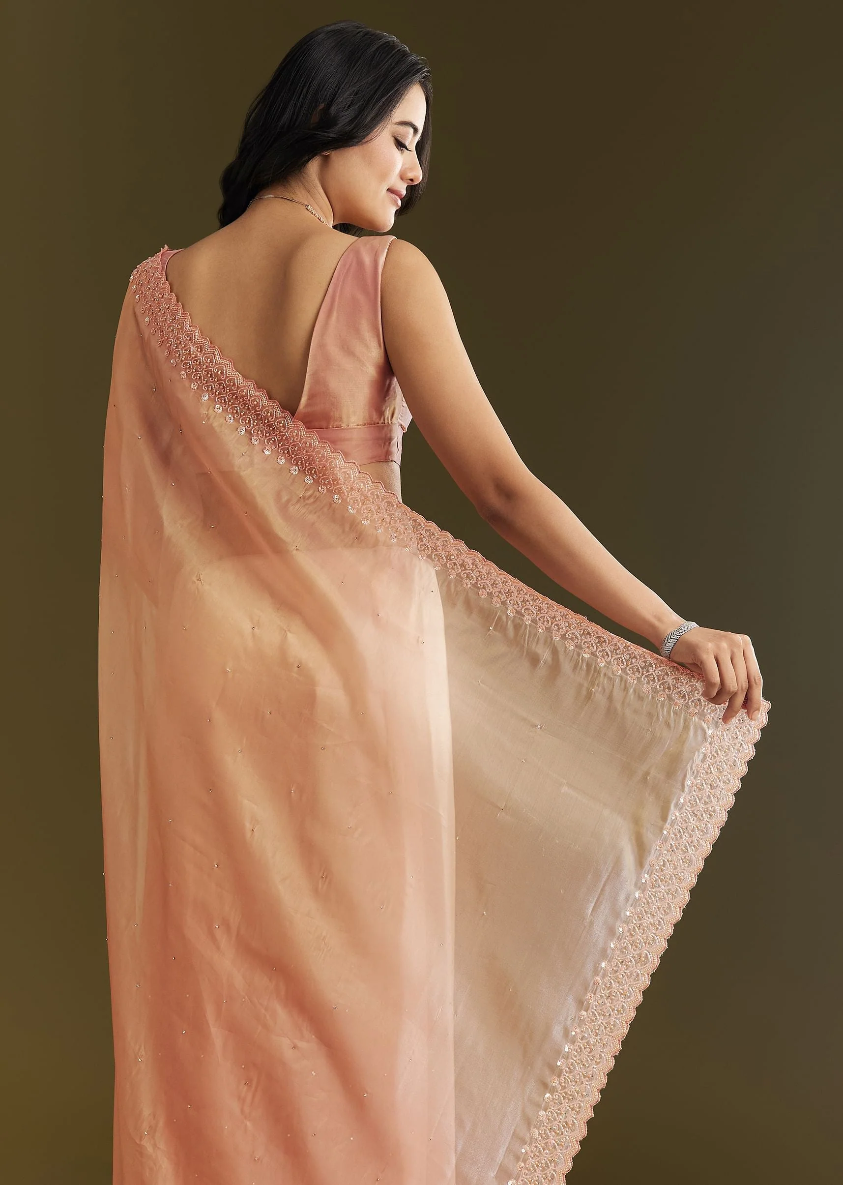 Peach Organza Saree With Stone Embellishment And Scallop Border - Image 6