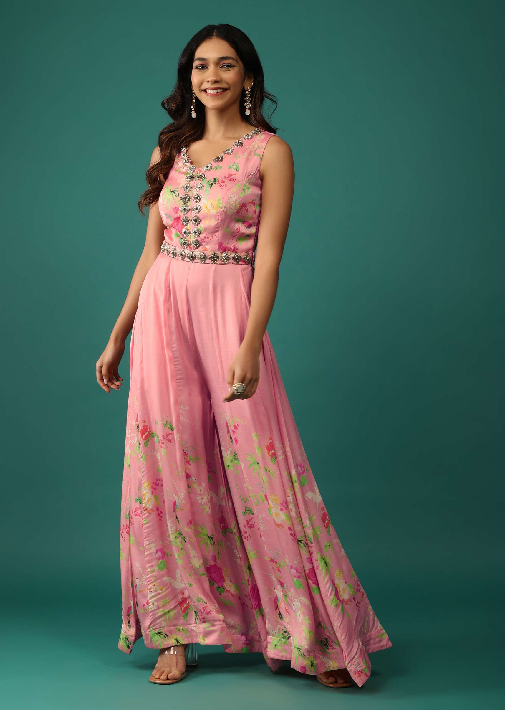 Peach Pink Jumpsuit In Mull Cotton With Embroidered Belt - Image 4