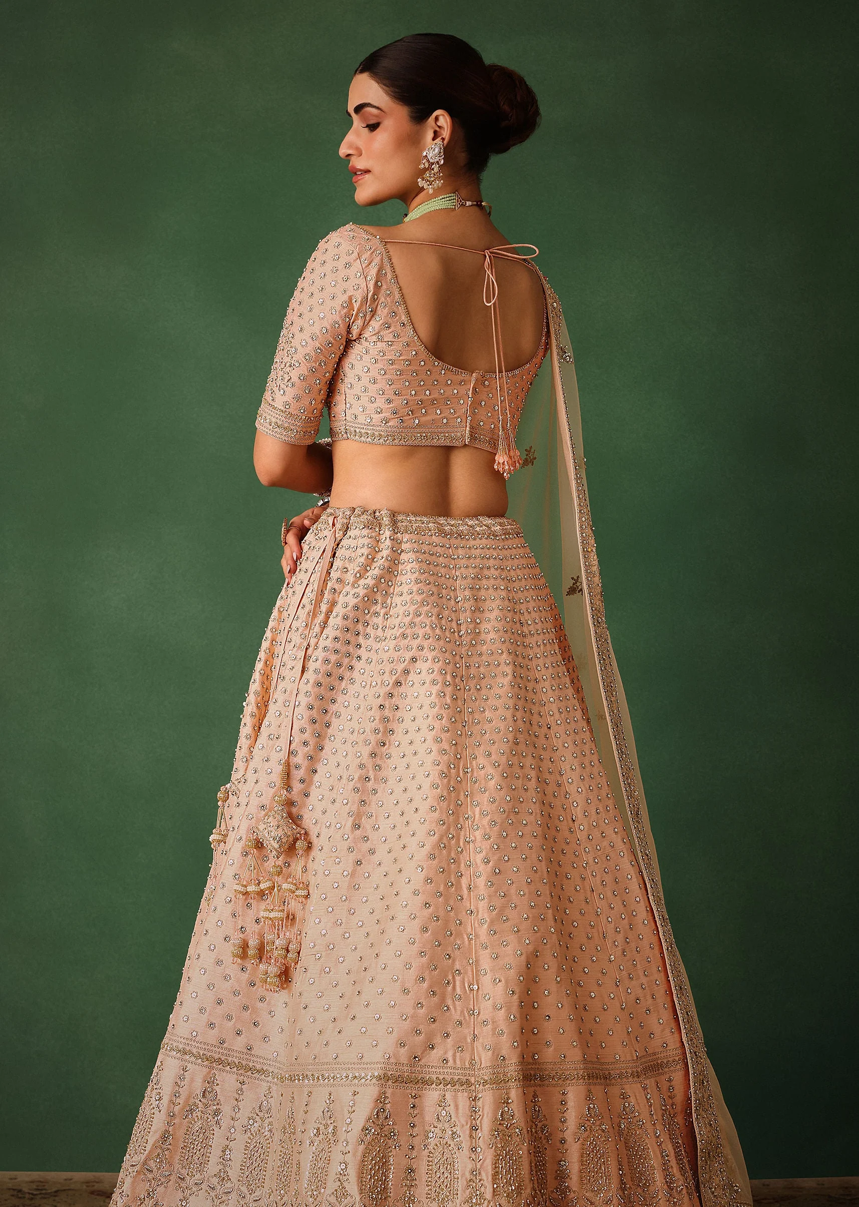 Peach Raw Silk Lehenga Set With Hand Embroidery - Image 4