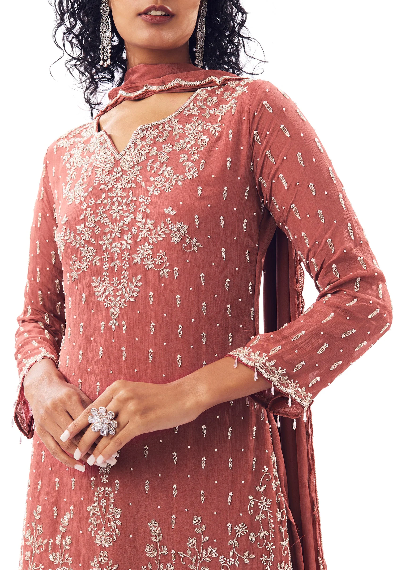 Peach Sharara Suit With Cutdana And Moti Work - Image 2