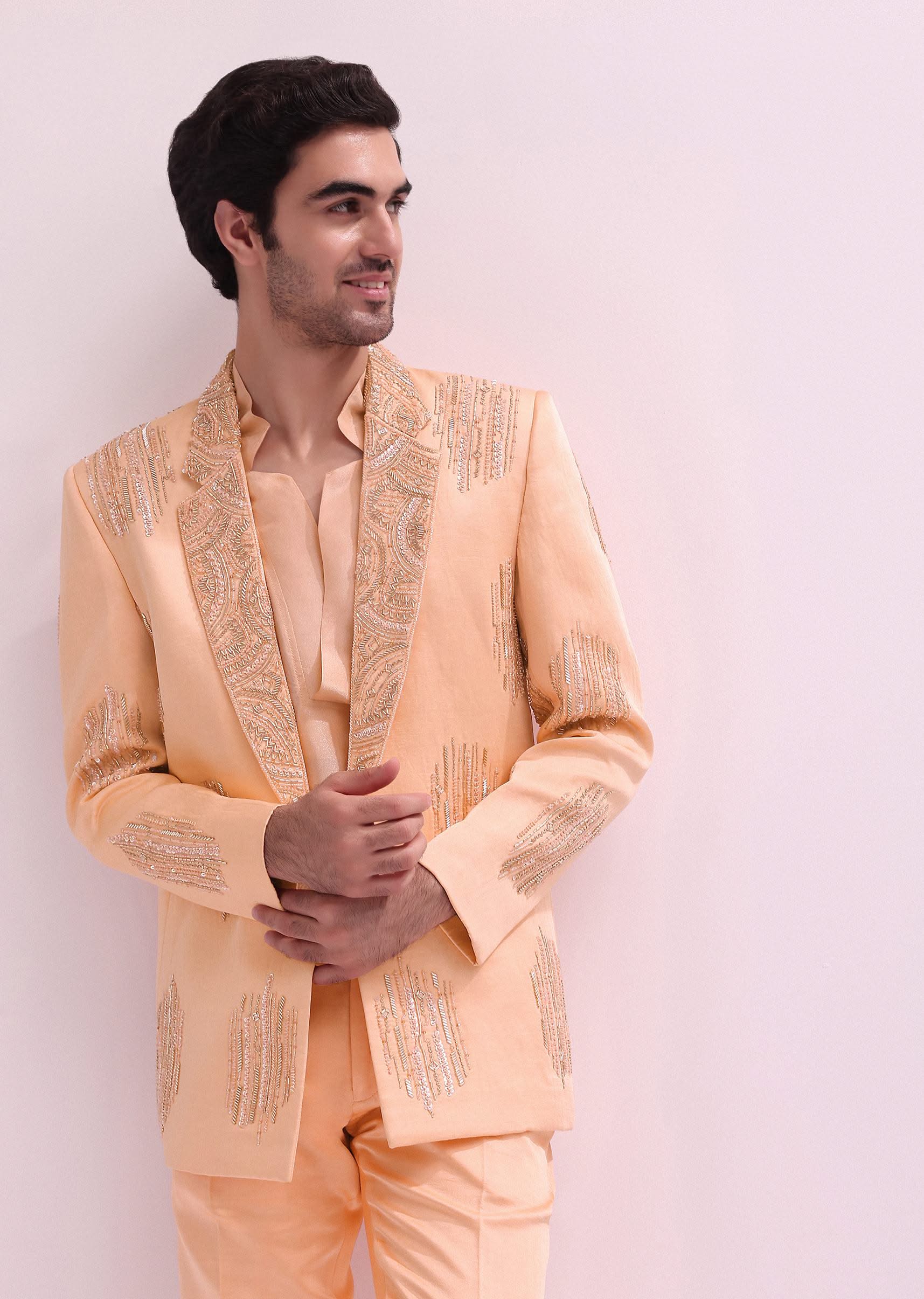 Peach Shawl Lapel Embellished Tuxedo With Shirt And Pants - Image 2