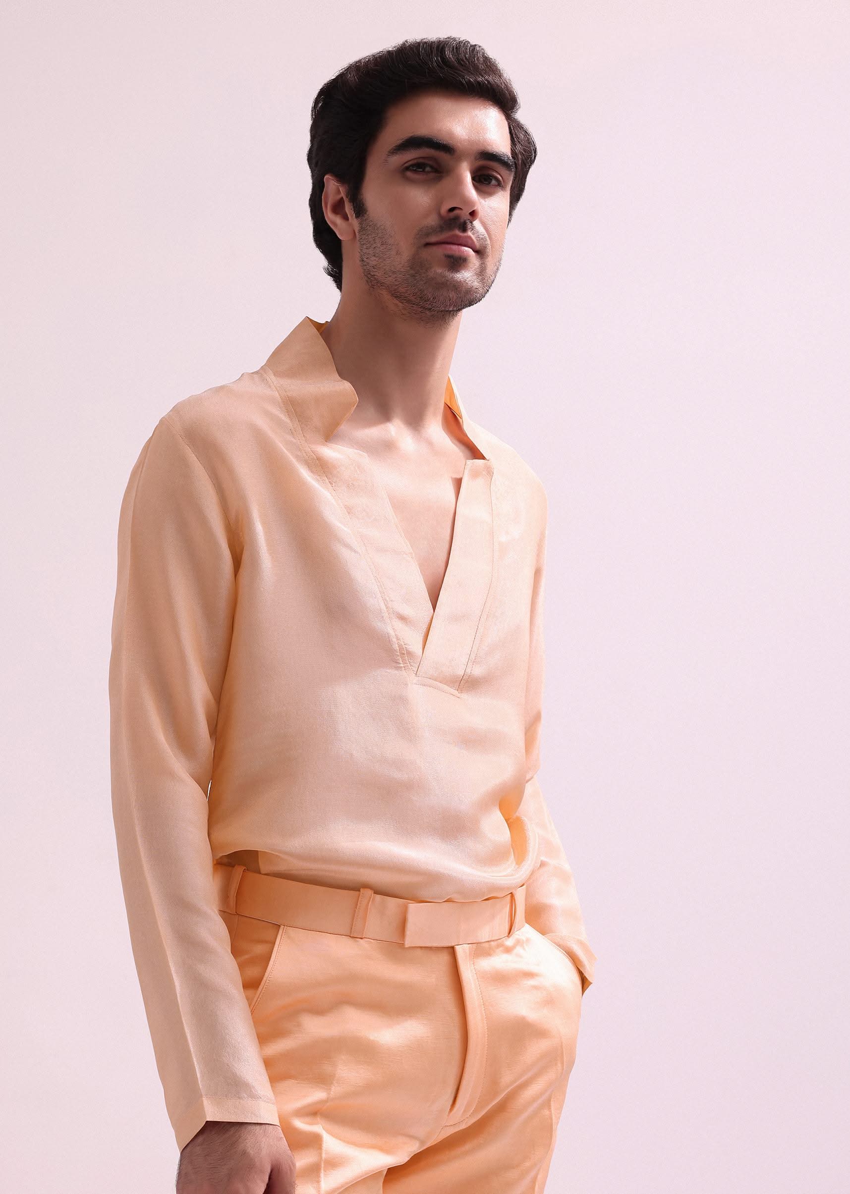 Peach Shawl Lapel Embellished Tuxedo With Shirt And Pants - Image 6