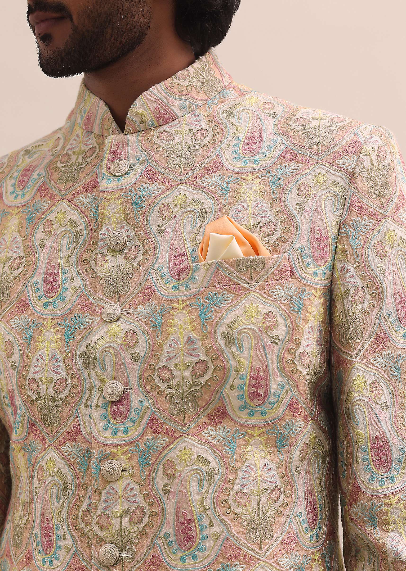 Peach Silk Jodhpuri Suit In Threadwork For Men - Image 6