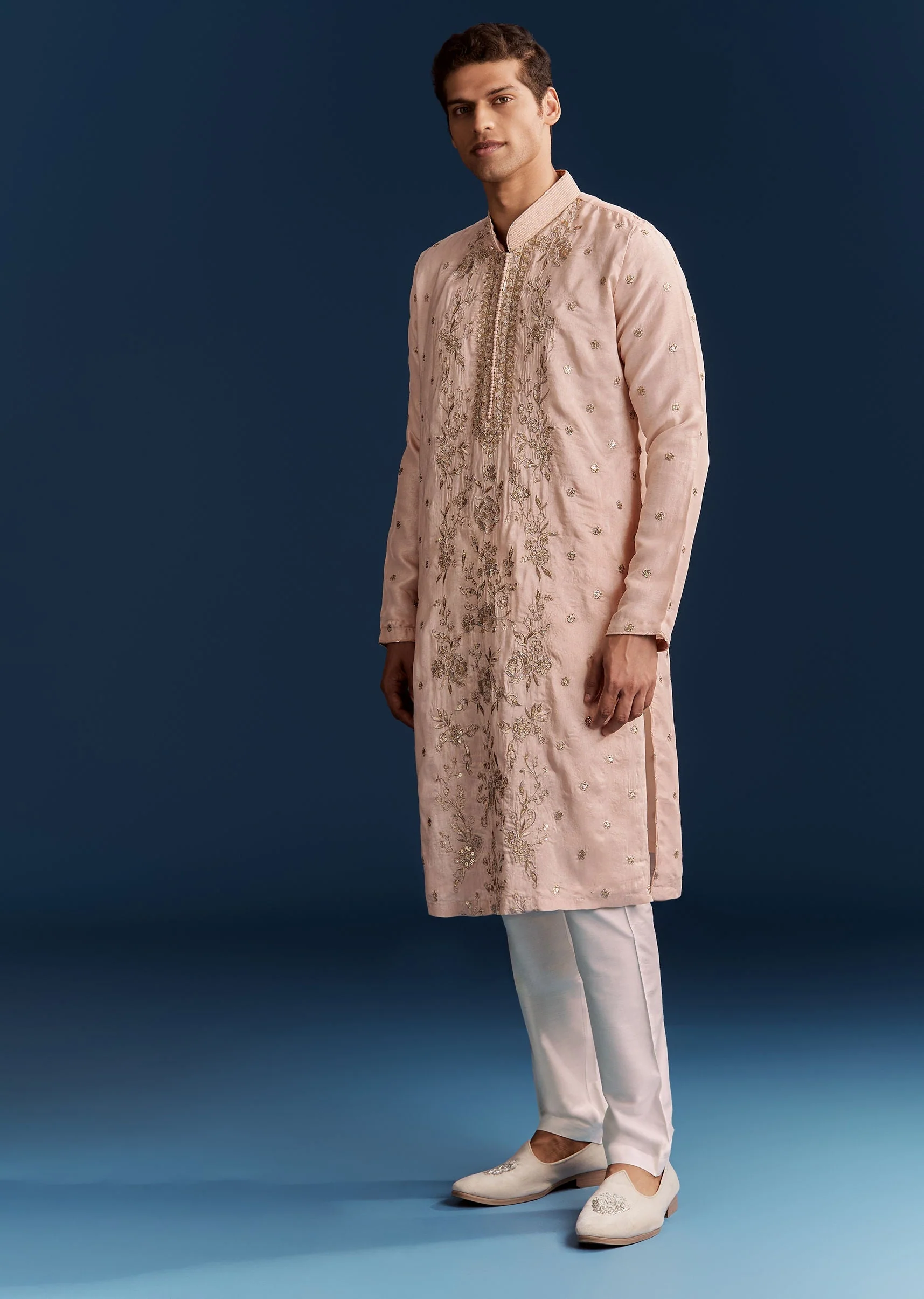 Peach Silk Kurta Set With All Over Hand Embroidery - Image 3