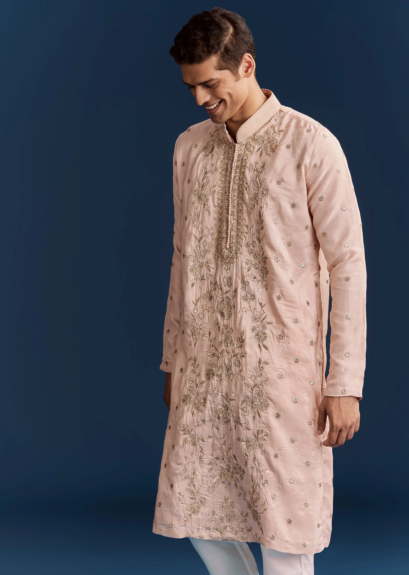 Peach Silk Kurta Set With All Over Hand Embroidery - Image 4