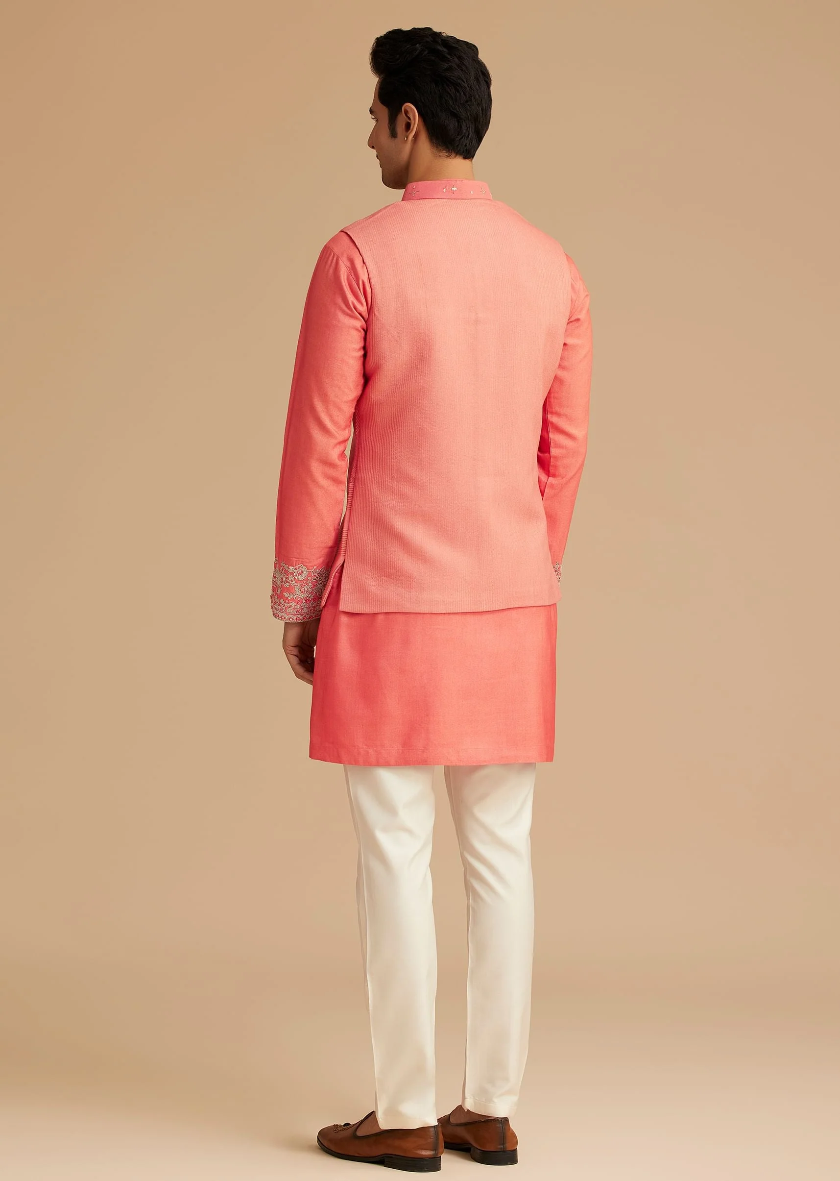 Peach Silk Kurta With Embroidered Jacket - Image 5