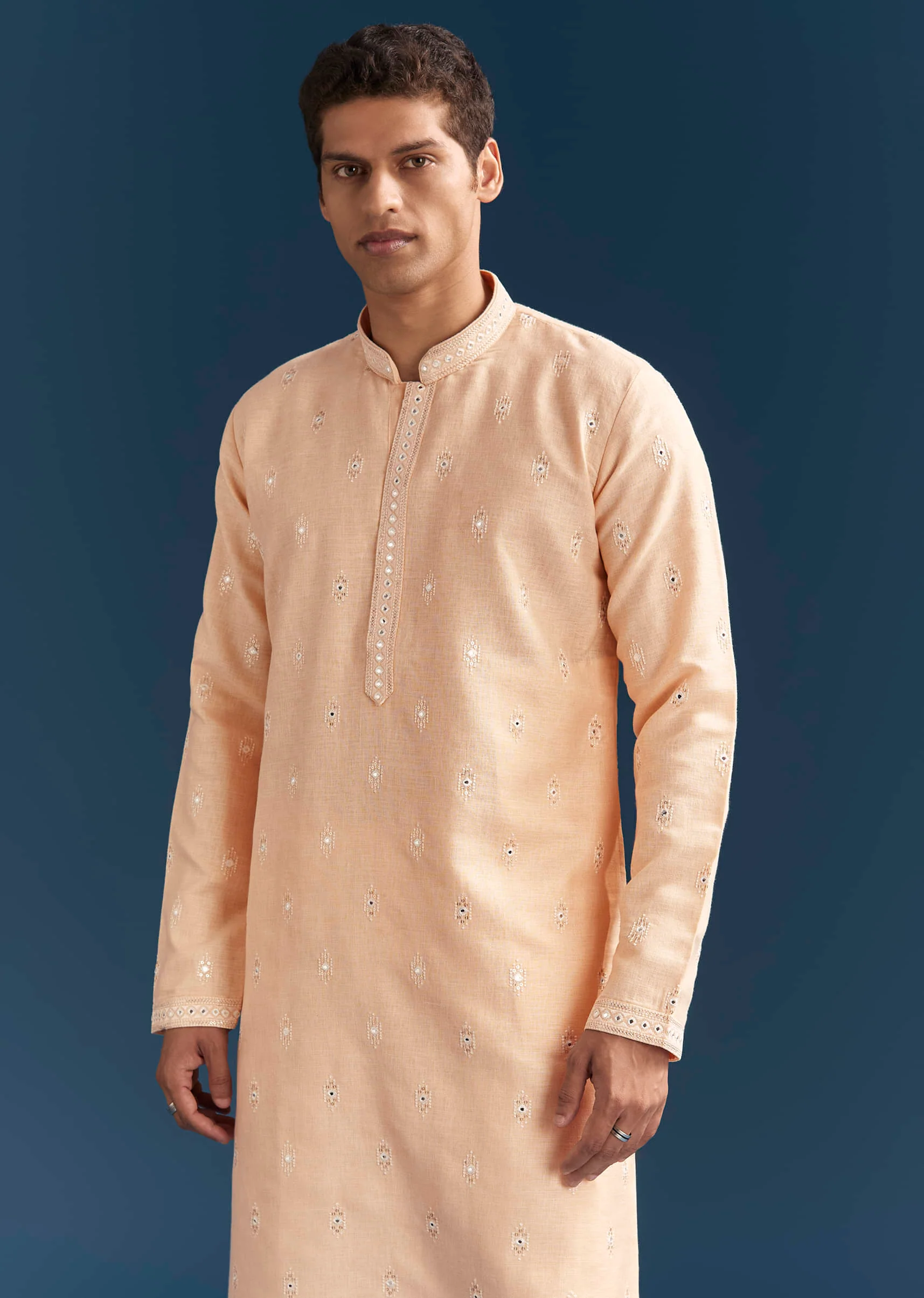 Peach Silk Textured Kurta Set For Men With Thread And Mirror Work - Image 3