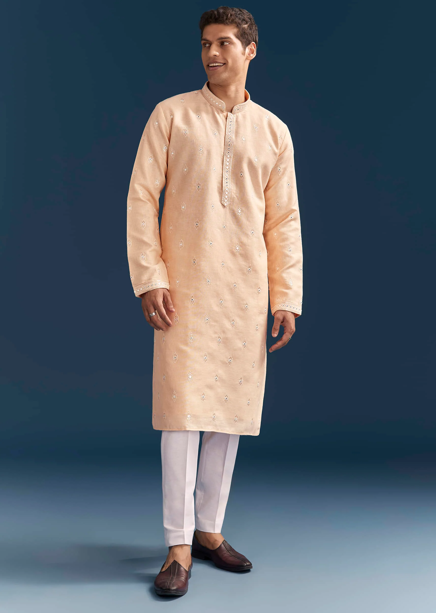 Peach Silk Textured Kurta Set For Men With Thread And Mirror Work - Image 4