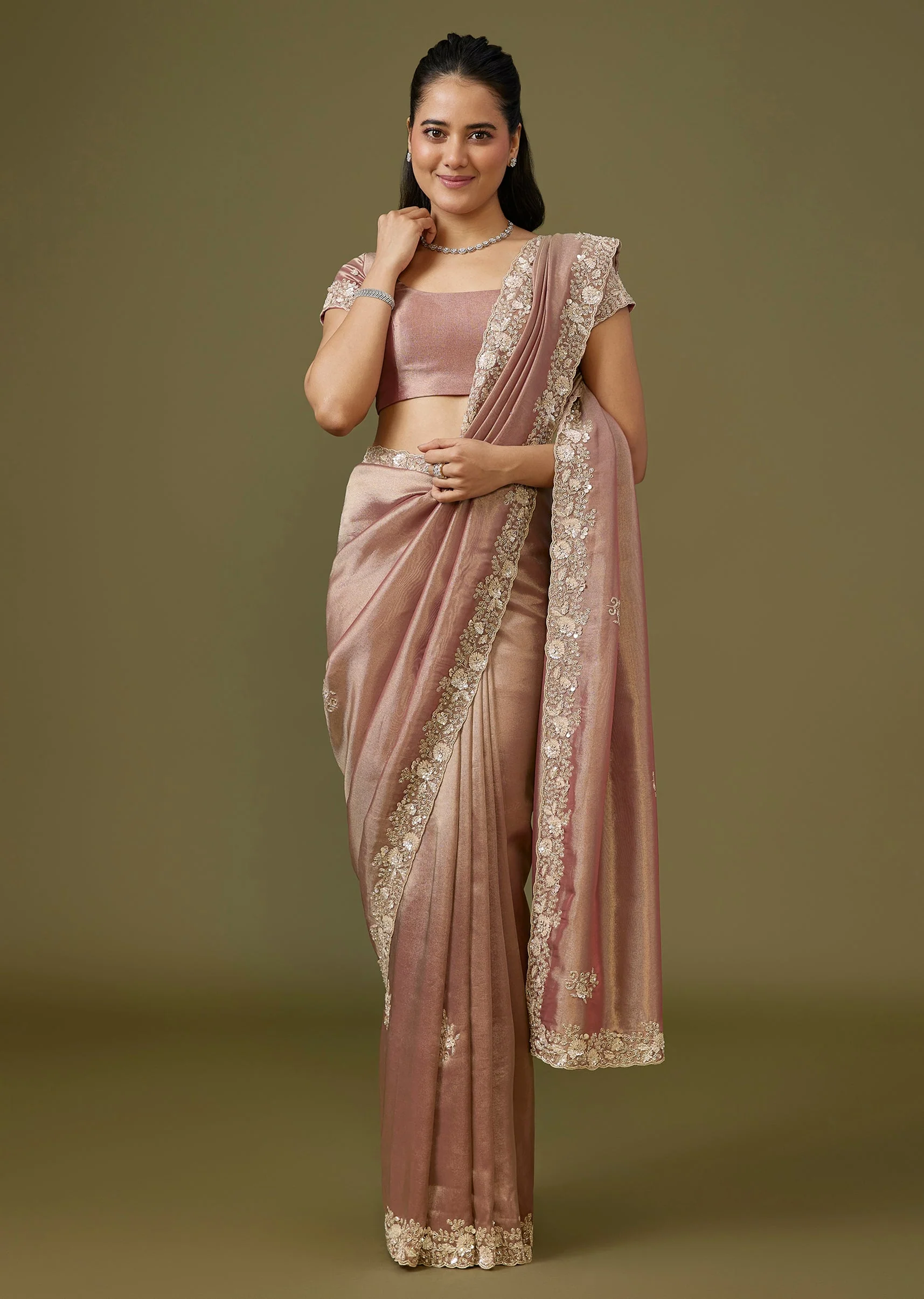 Peach Tissue Saree With Heavy Floral Border And Cutwork - Image 3