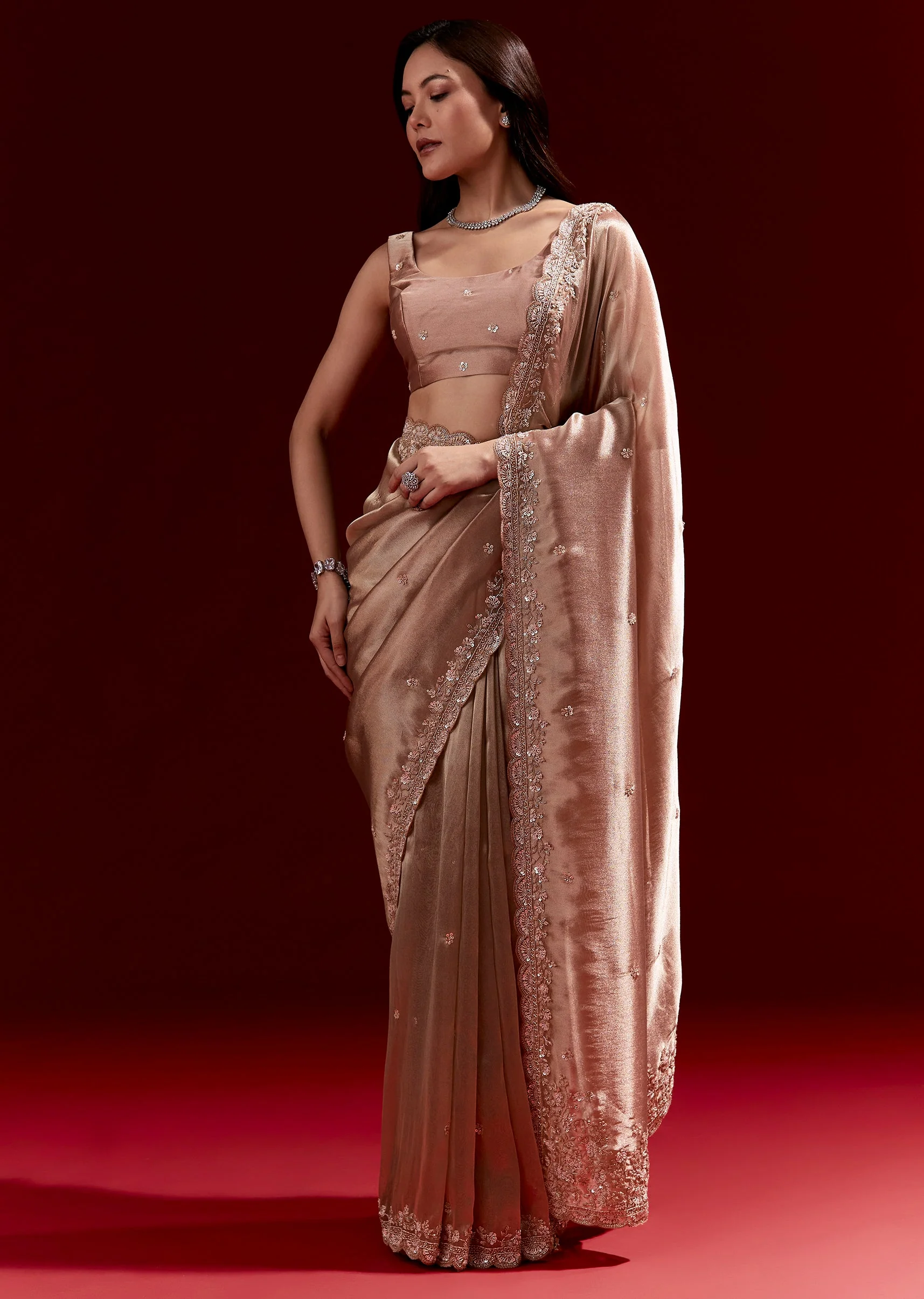 Peach Tissue Saree With Scalloped Embroidered Border And Buttis