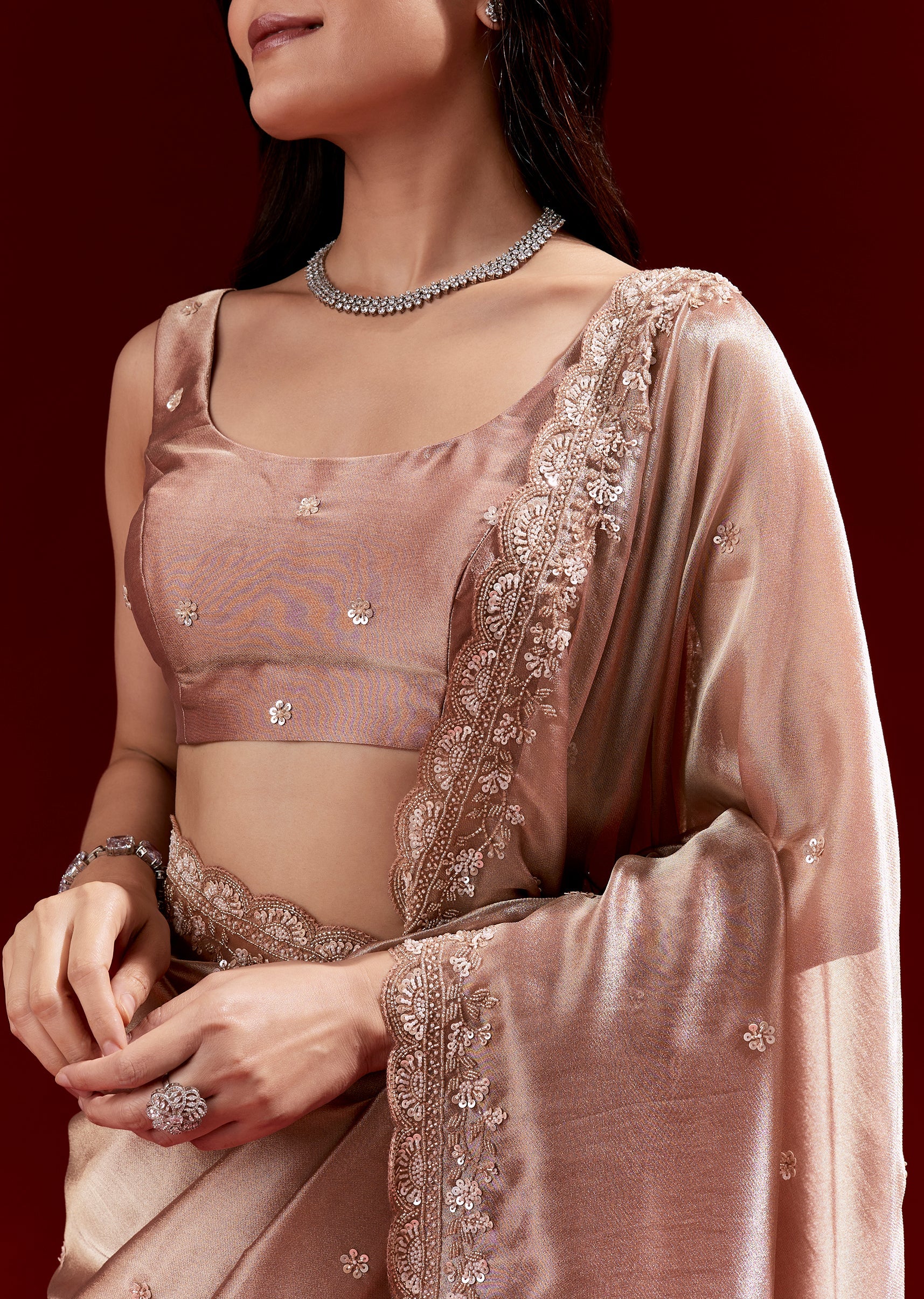 Peach Tissue Saree With Scalloped Embroidered Border And Buttis - Image 2