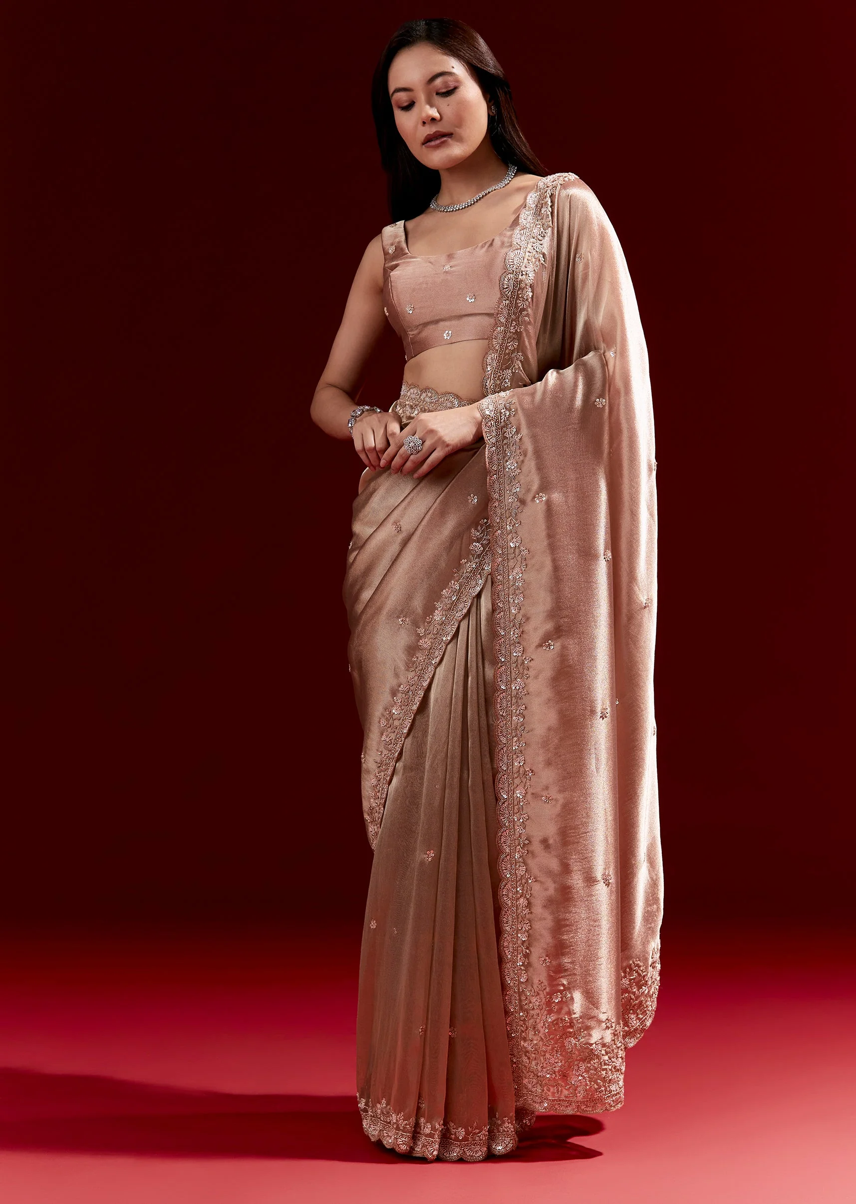 Peach Tissue Saree With Scalloped Embroidered Border And Buttis - Image 3