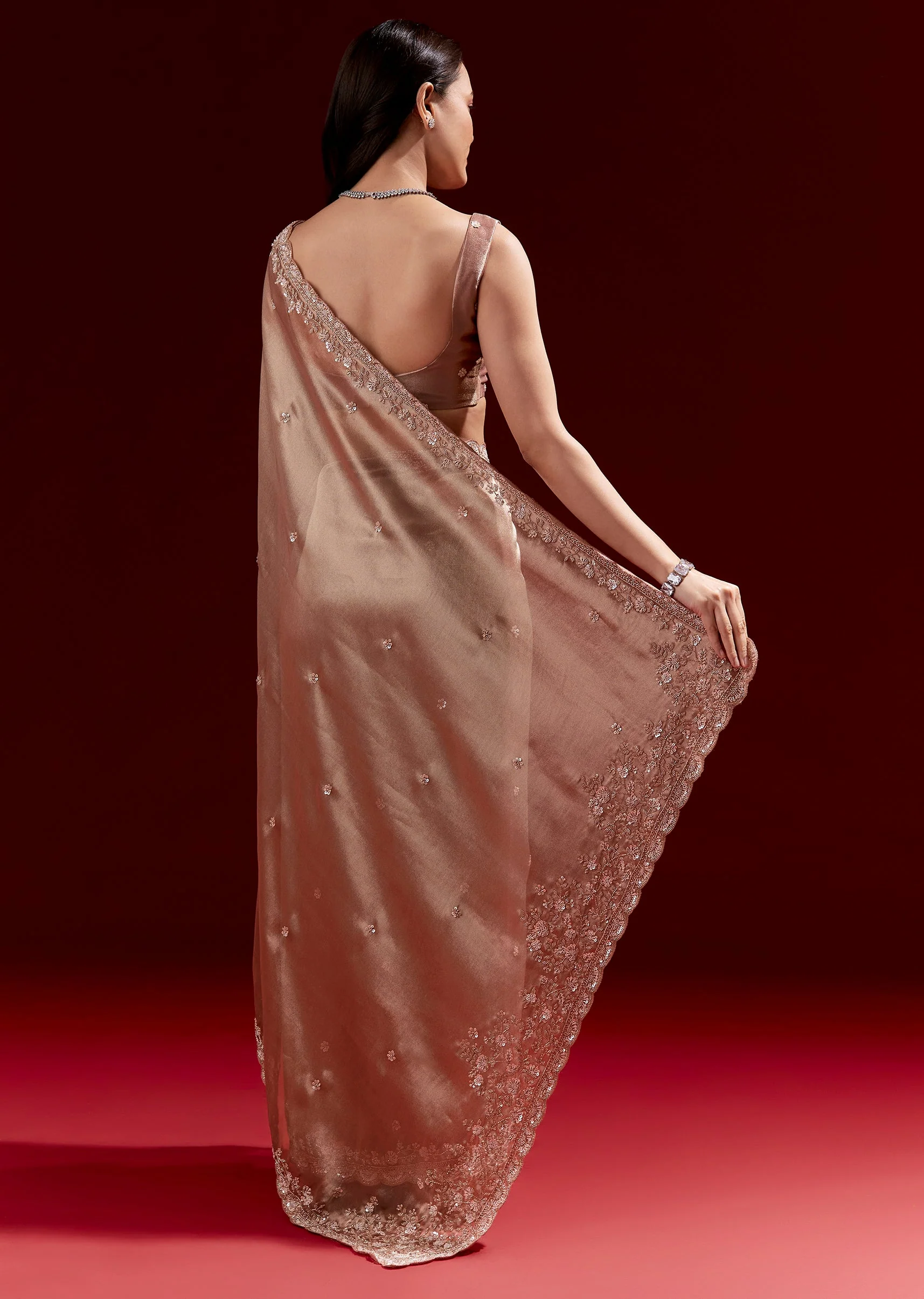 Peach Tissue Saree With Scalloped Embroidered Border And Buttis - Image 4