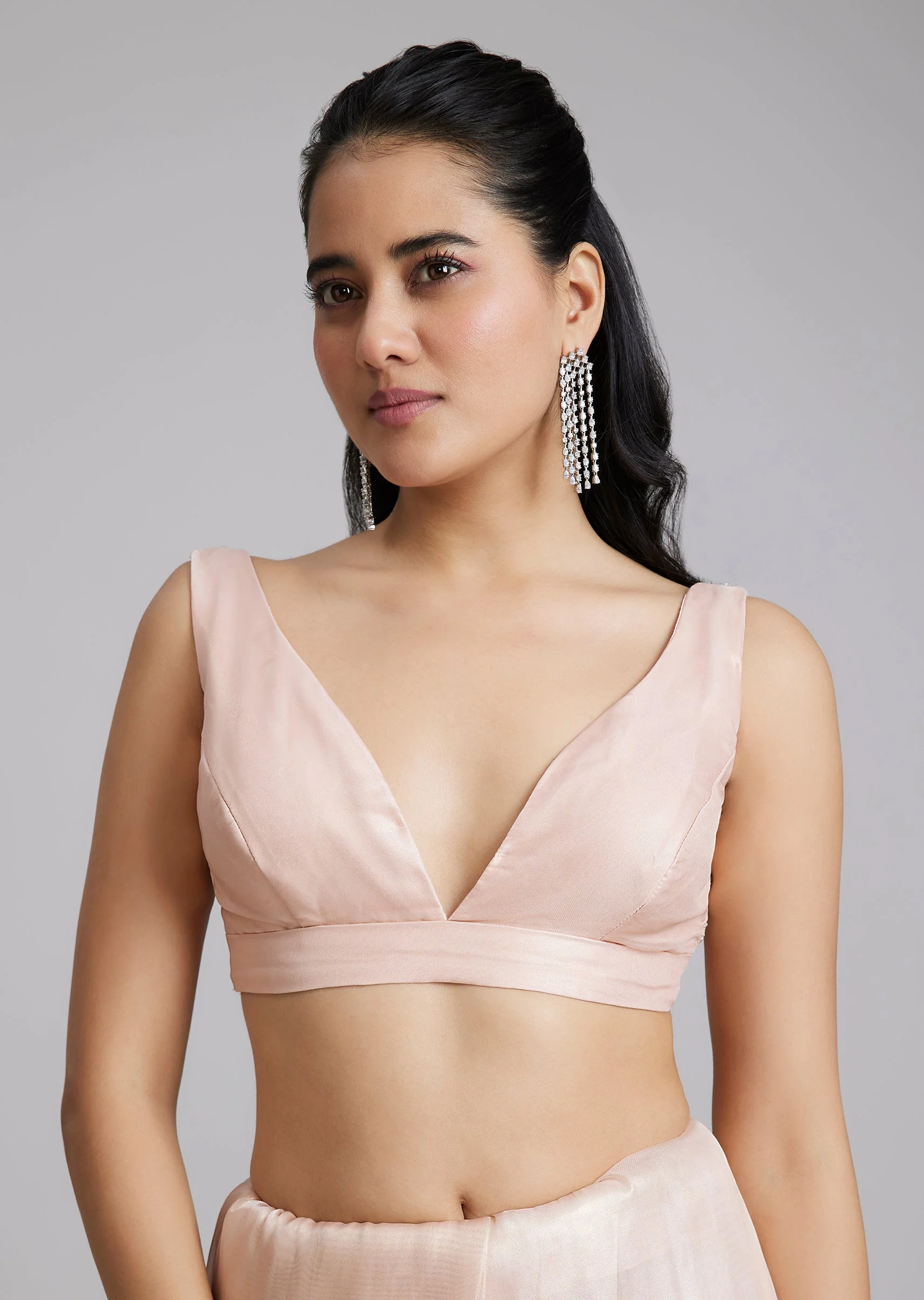 Peach Tissue Saree With Stones And Zigzag Border - Image 7
