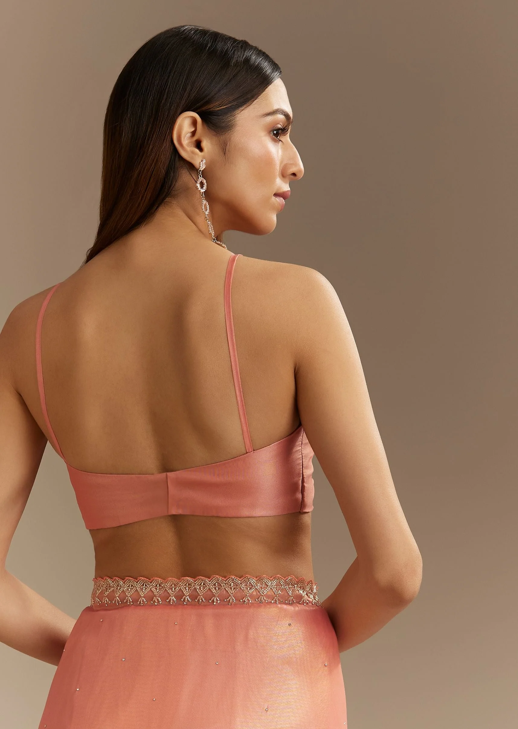 Peach Tissue Saree With Stones Cutdana Embellishments And Scallop Border - Image 7