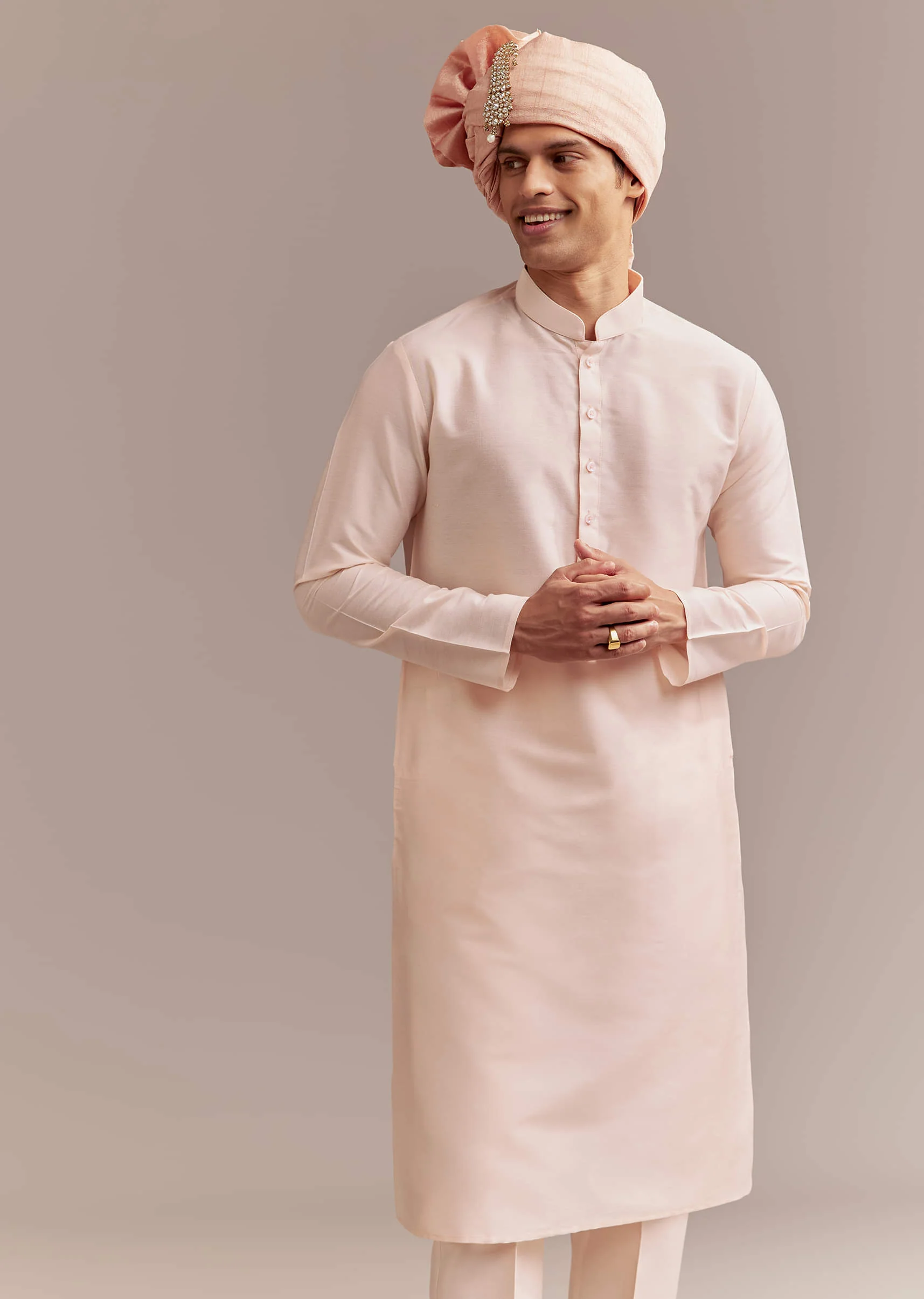 Peach Tissue Sherwani For Groom With Tonal Embroidery - Image 7