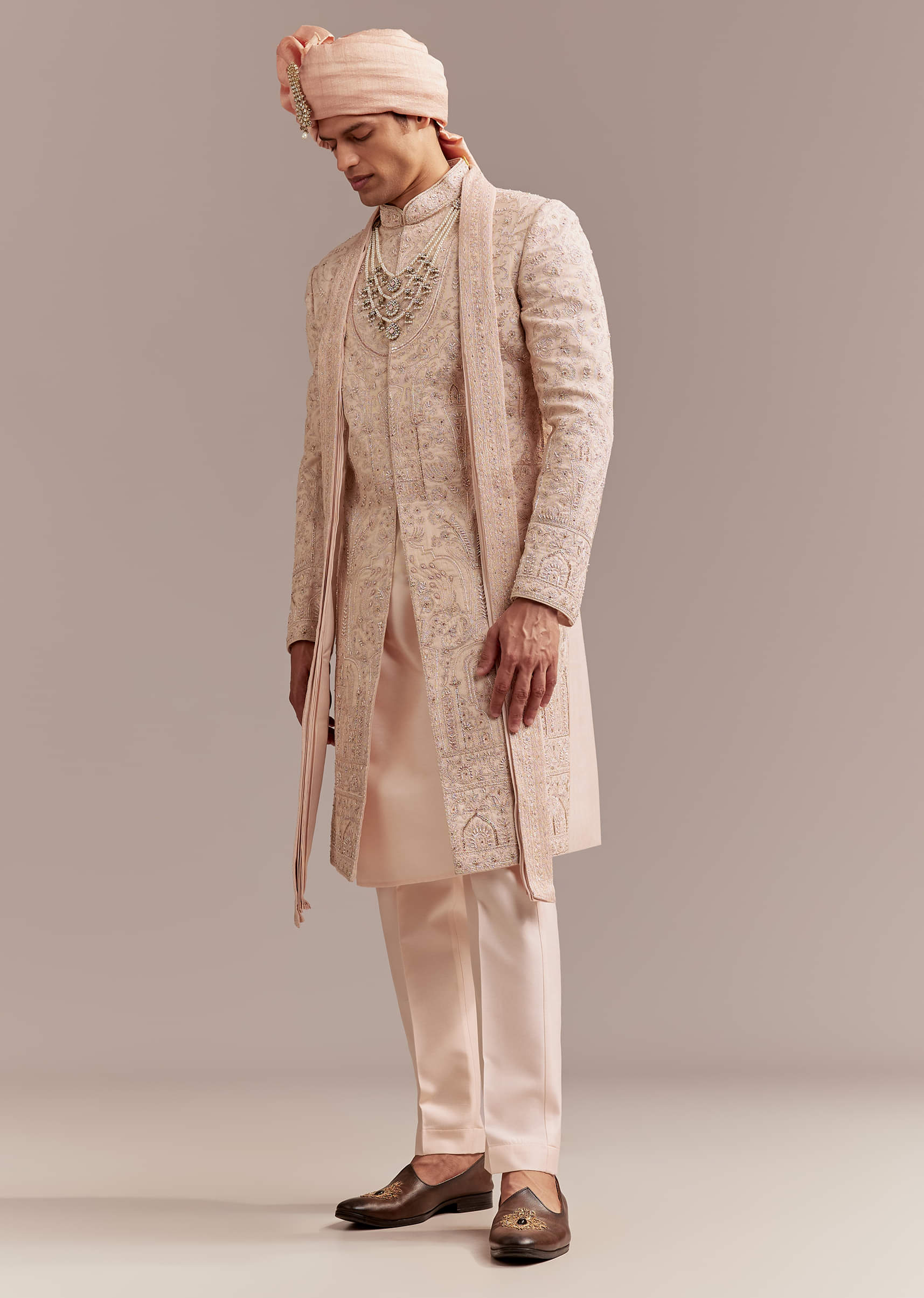 Peach Tissue Sherwani For Groom With Tonal Embroidery - Image 9