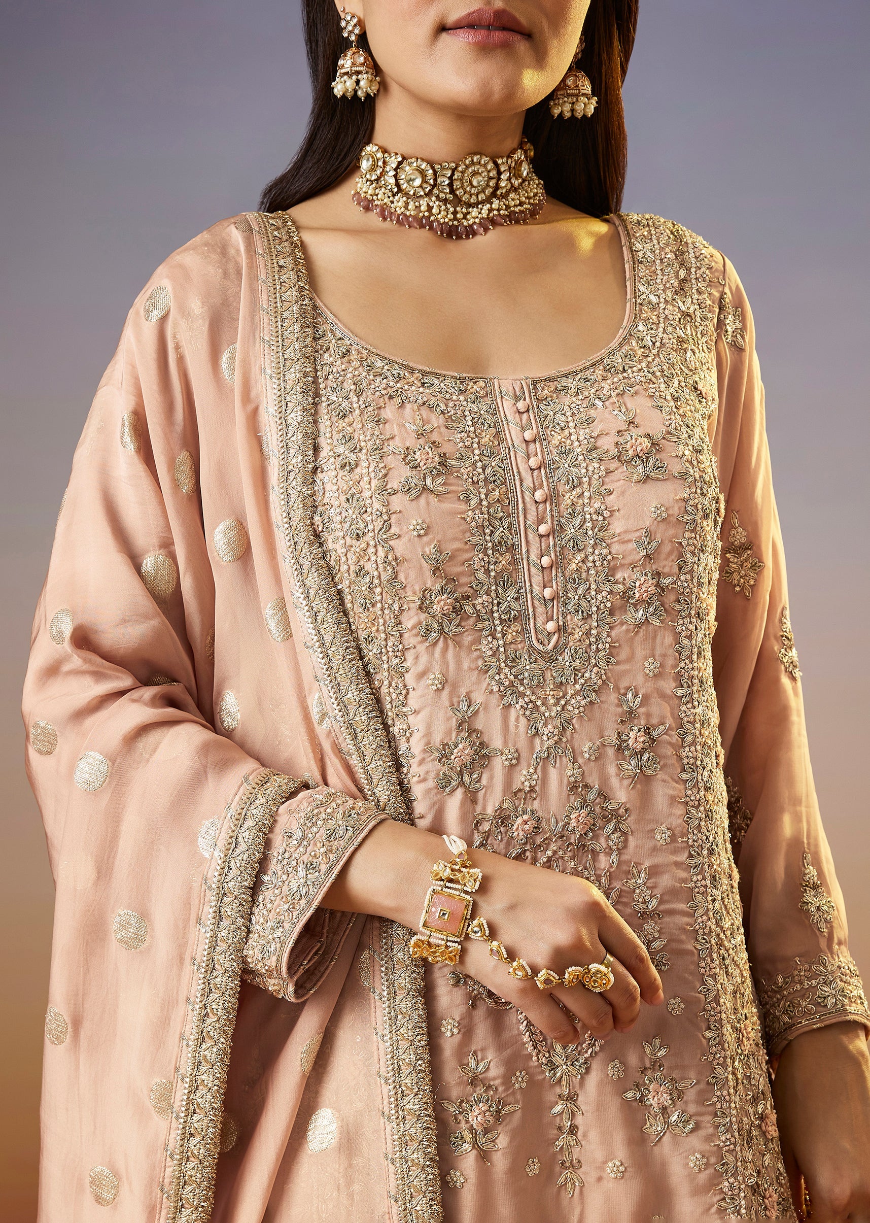 Peach Zardosi Organza Palazzo Suit With Dupatta - Image 2
