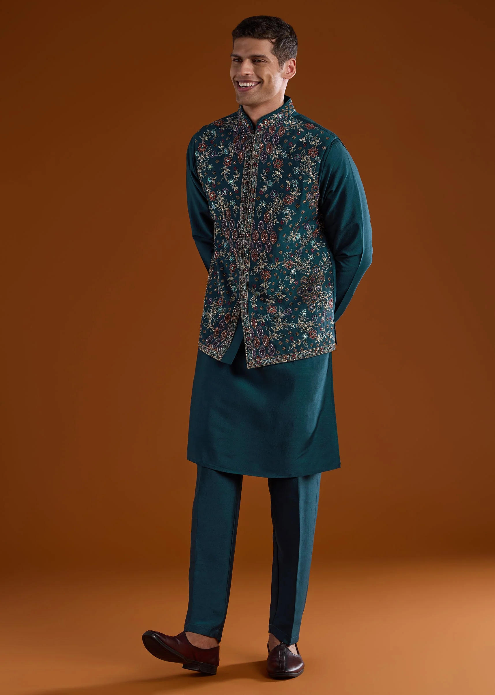 Peacock Blue Embroidered Silk Kurta Jacket Set - Image 3