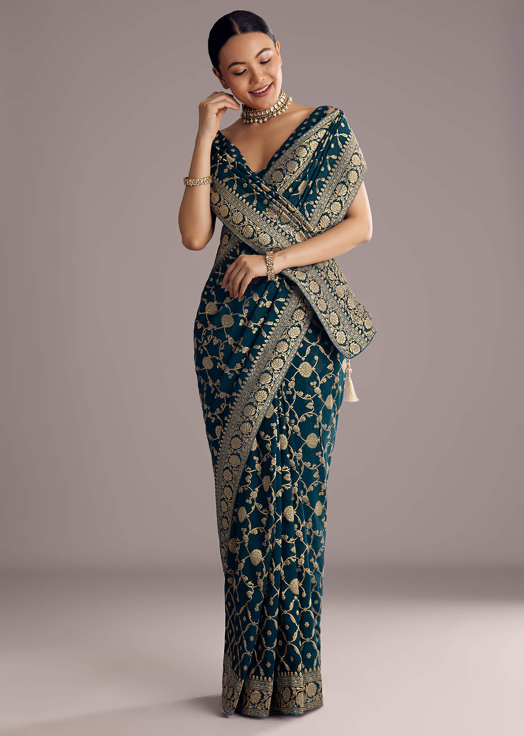 Peacock Blue Georgette Woven Saree With Floral Border - Image 2