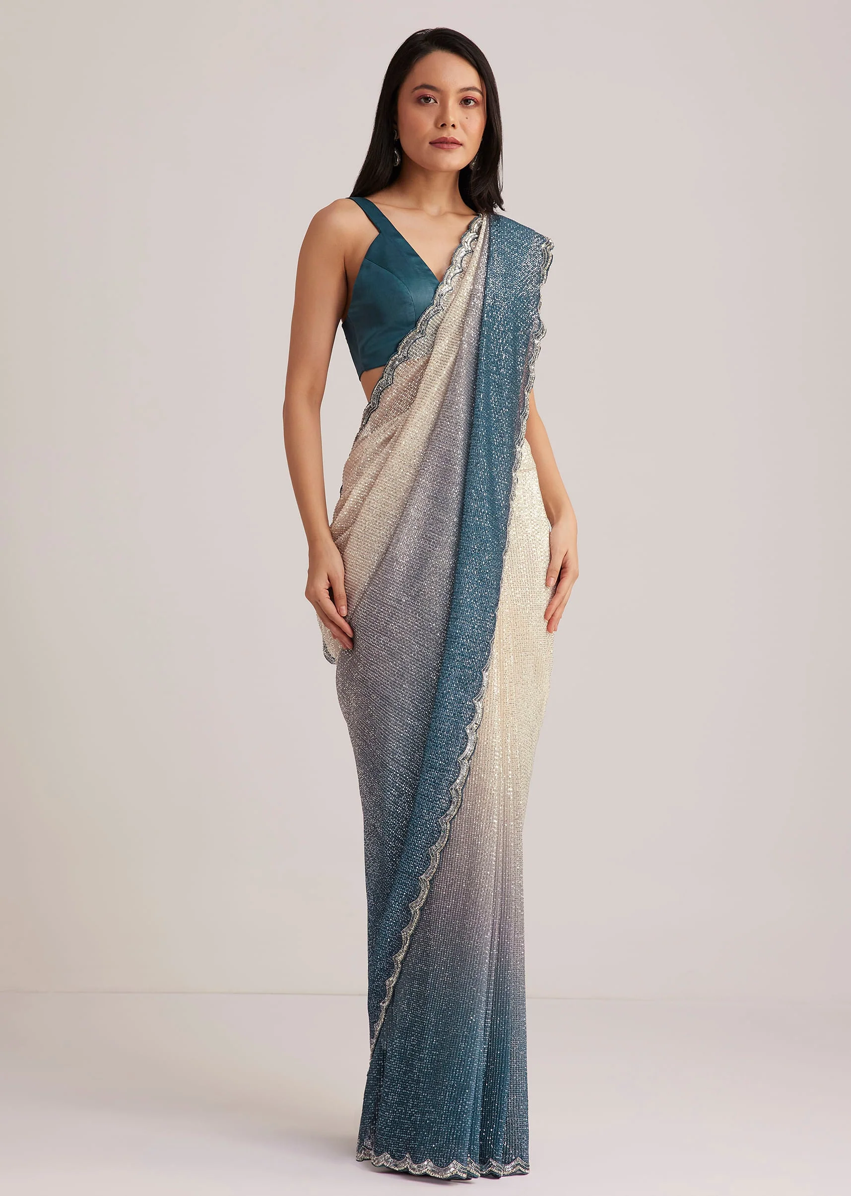 Peacock Blue Ombre Sequins Saree With Scalloped Embroidered Border - Image 2
