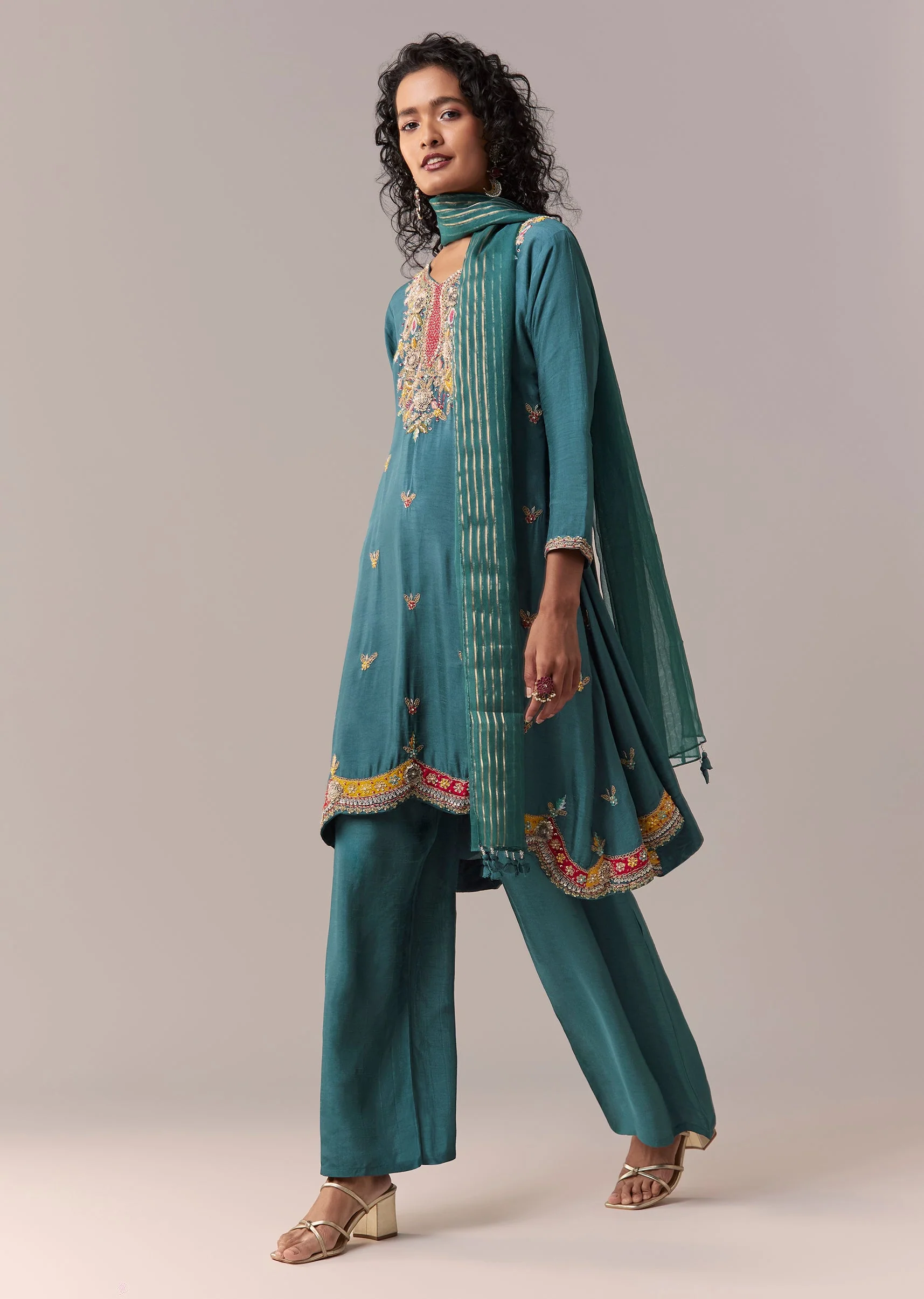Peacock Blue Palazzo Kurta Set With Thread And Sequin Work - Image 3