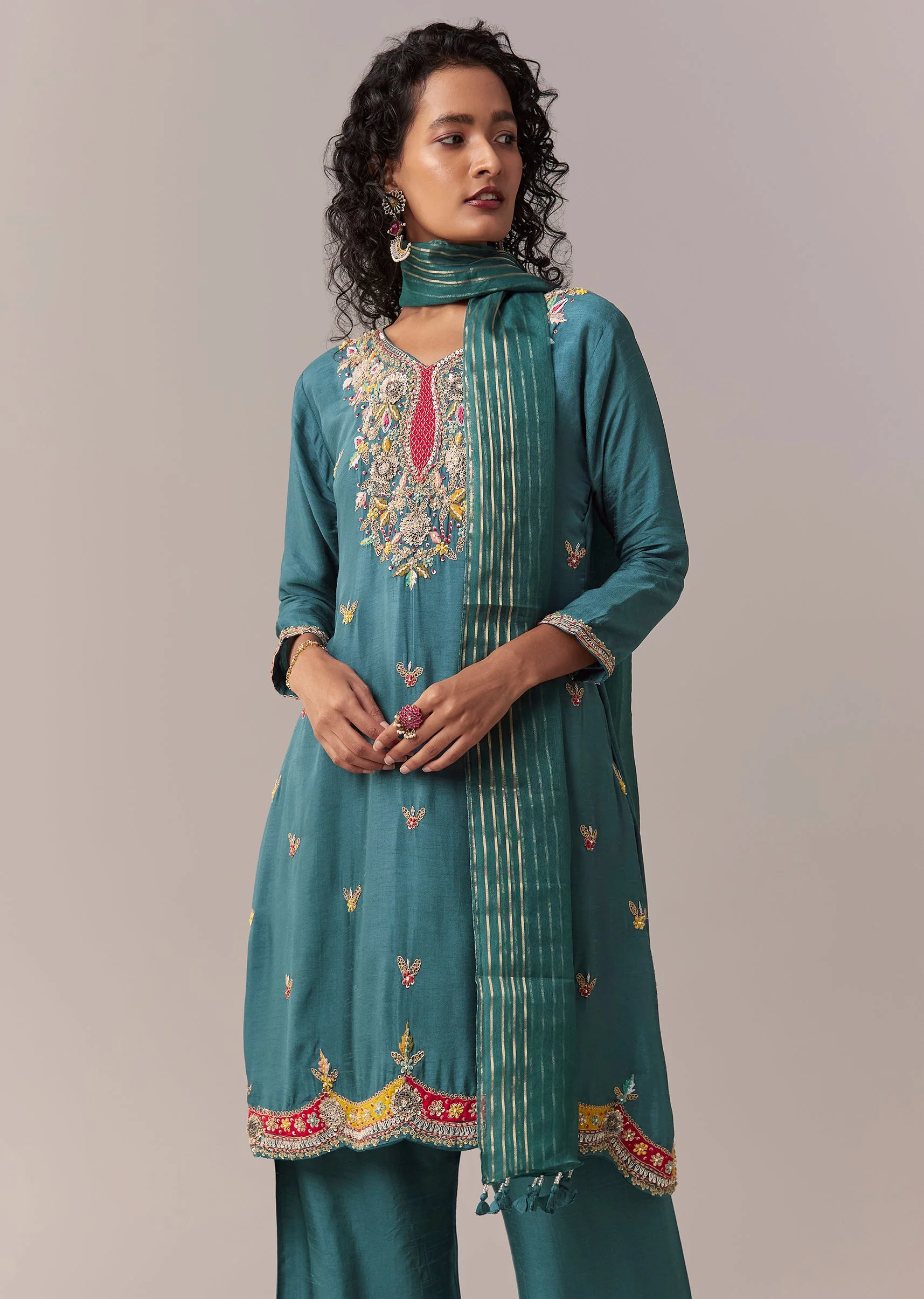 Peacock Blue Palazzo Kurta Set With Thread And Sequin Work - Image 4