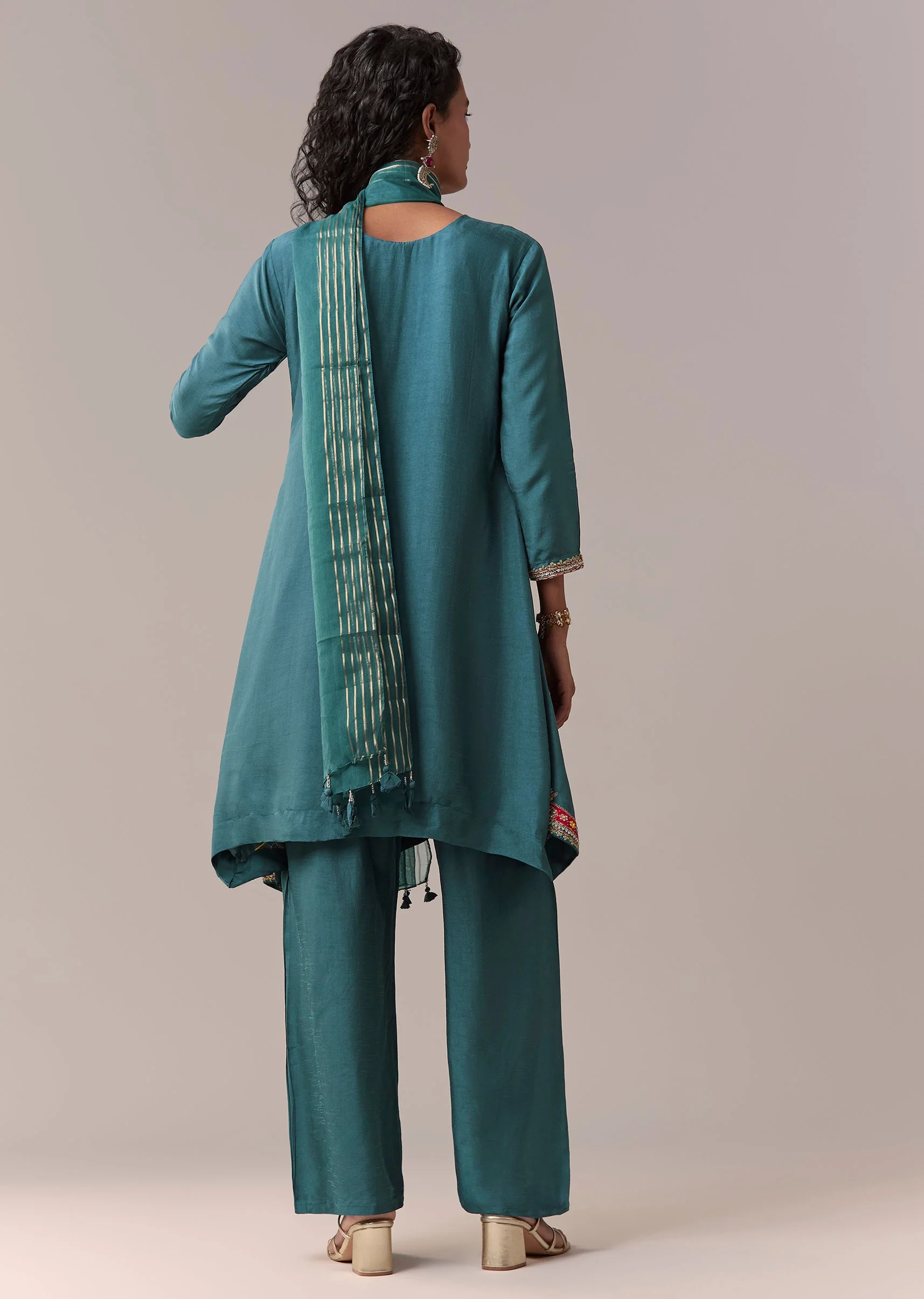 Peacock Blue Palazzo Kurta Set With Thread And Sequin Work - Image 5