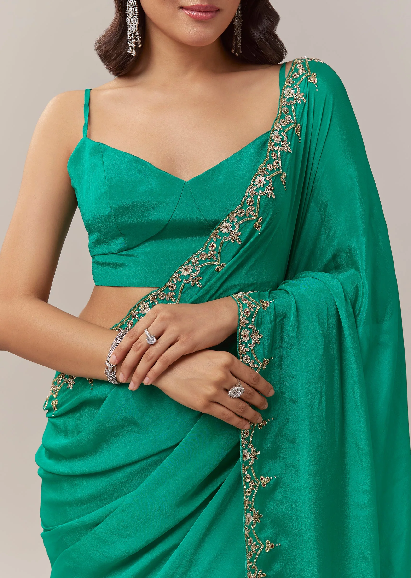 Peacock Green Chinon Saree With Floral Handwork Embroidery - Image 2