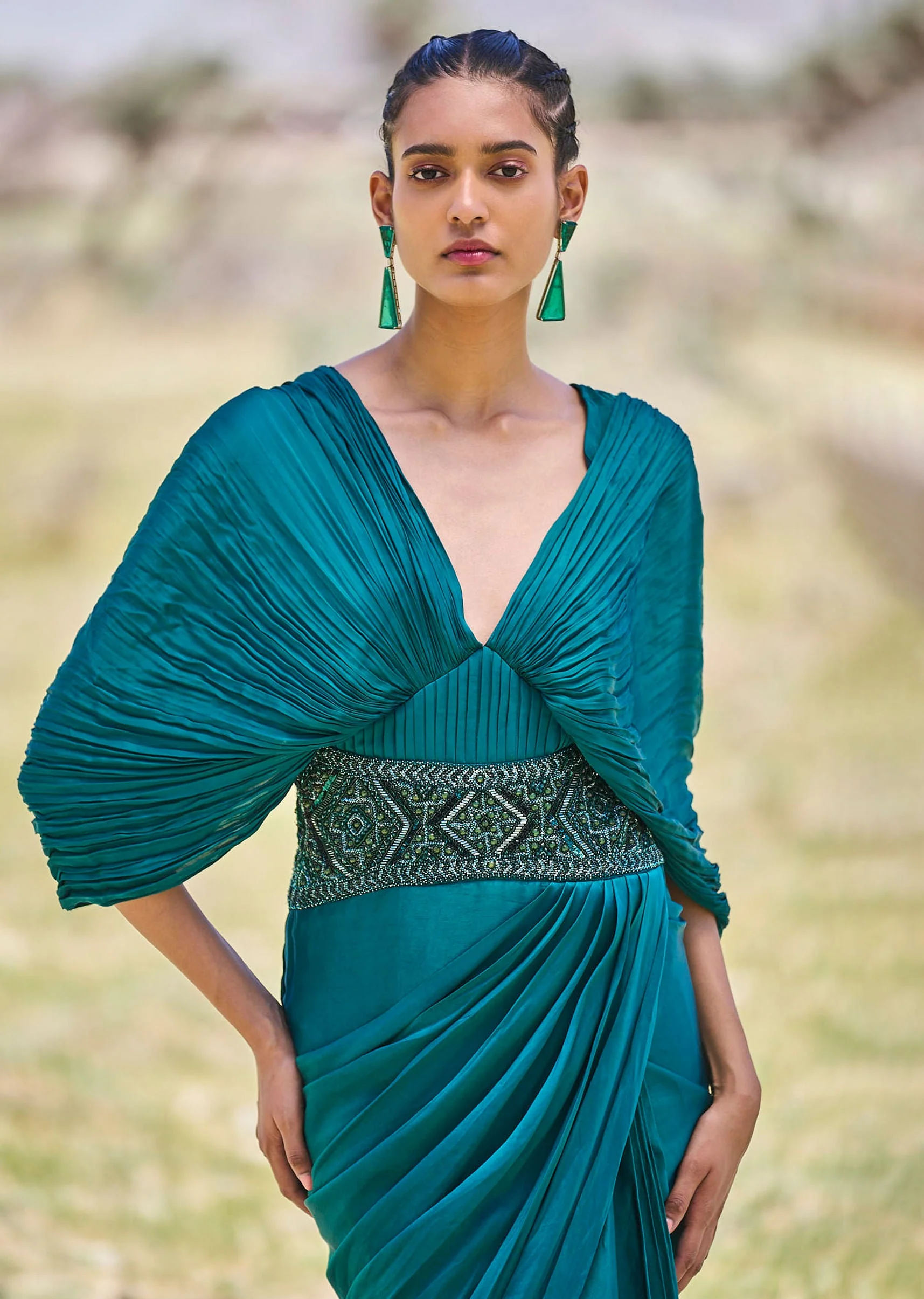 Peacock Green Embroidered Pre Draped Gown With Kimono Sleeves - Image 3