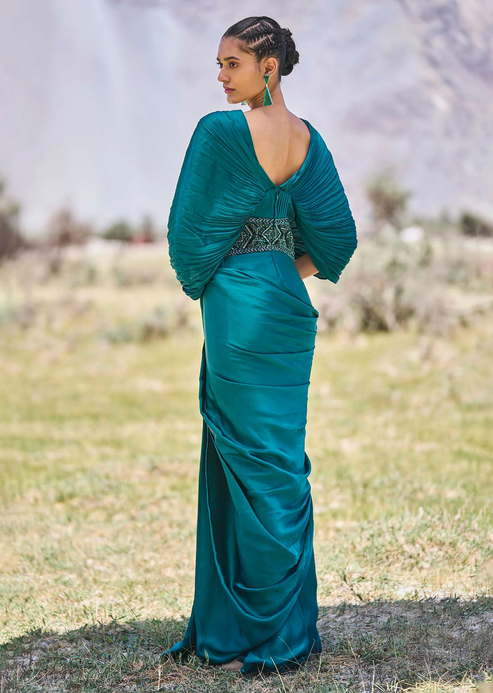 Peacock Green Embroidered Pre Draped Gown With Kimono Sleeves - Image 6