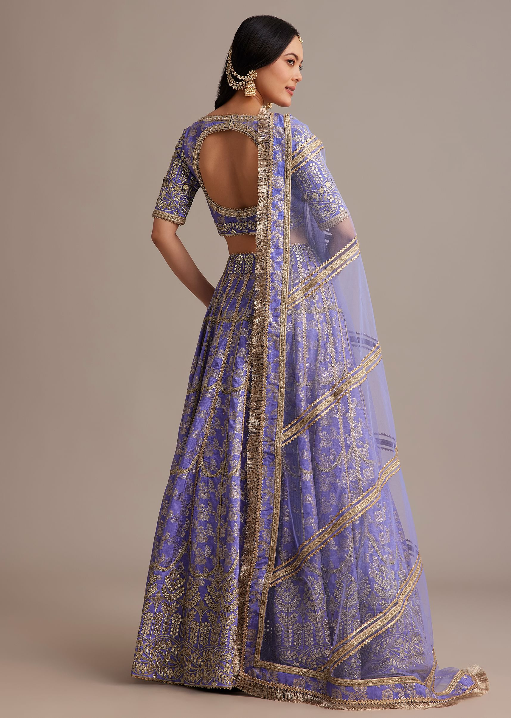 Periwinkle Blue Jacquard Lehenga Set With Zari And Sequins Work - Image 5