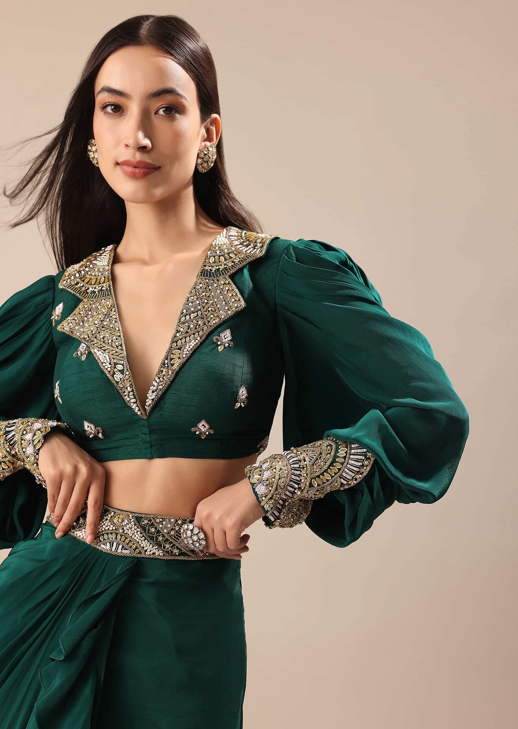 Pine Green Embroidered Blouse And Drape Skirt - Image 2