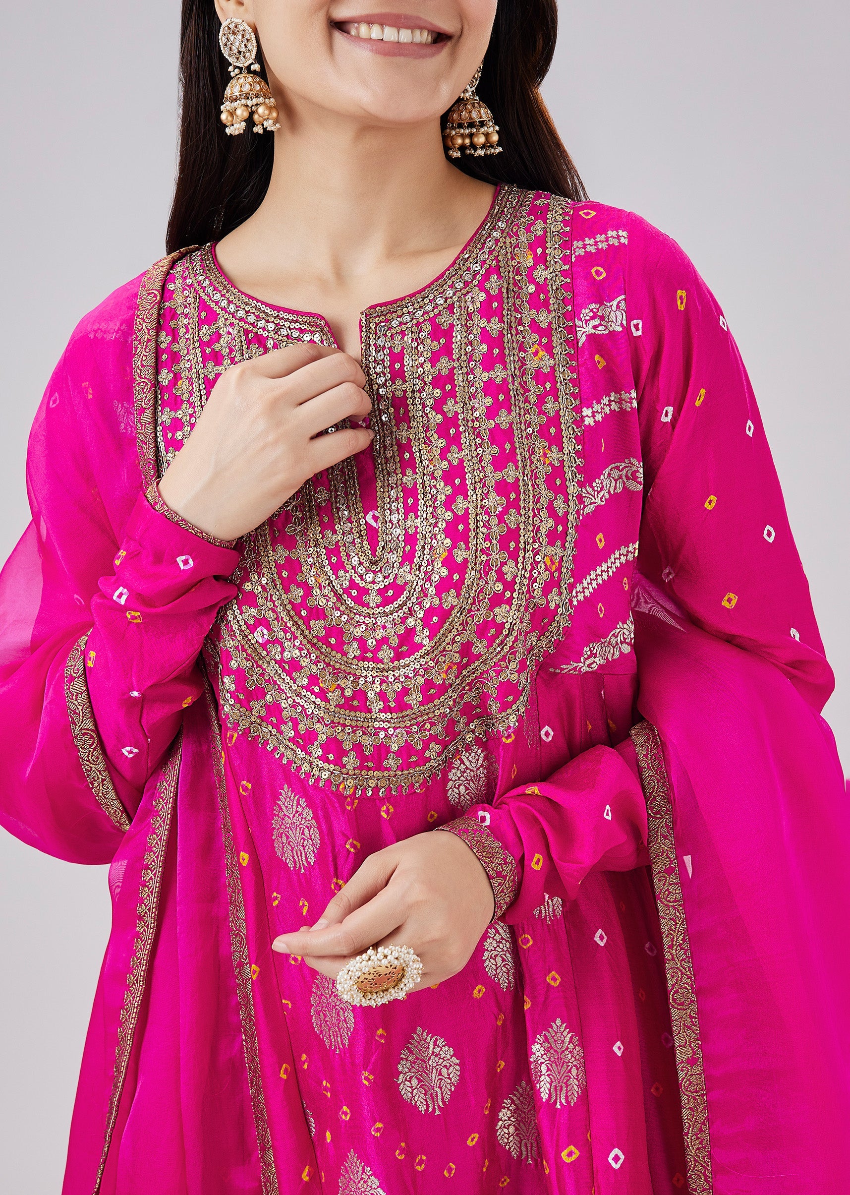 Pink Banarasi Bandhani Silk Anarkali Set With Dupatta - Image 2