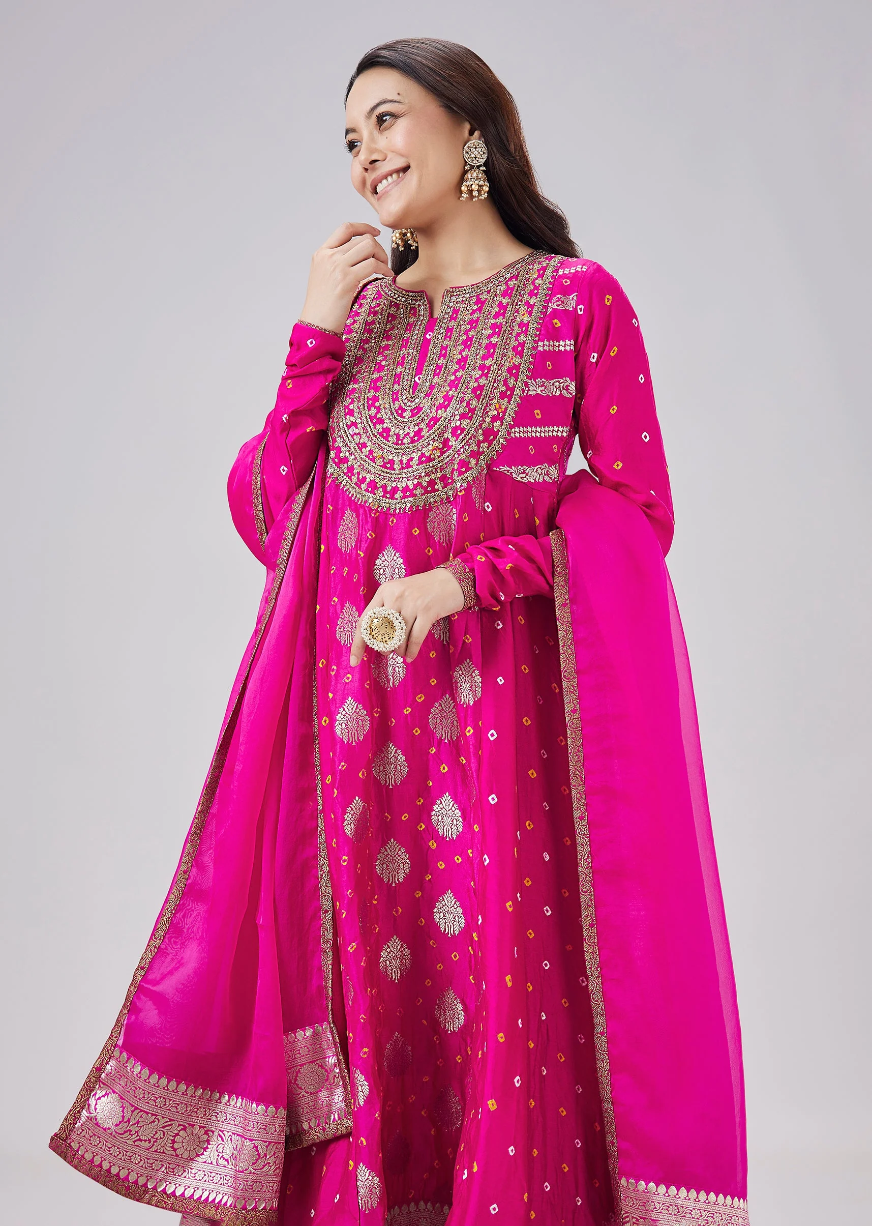 Pink Banarasi Bandhani Silk Anarkali Set With Dupatta - Image 4