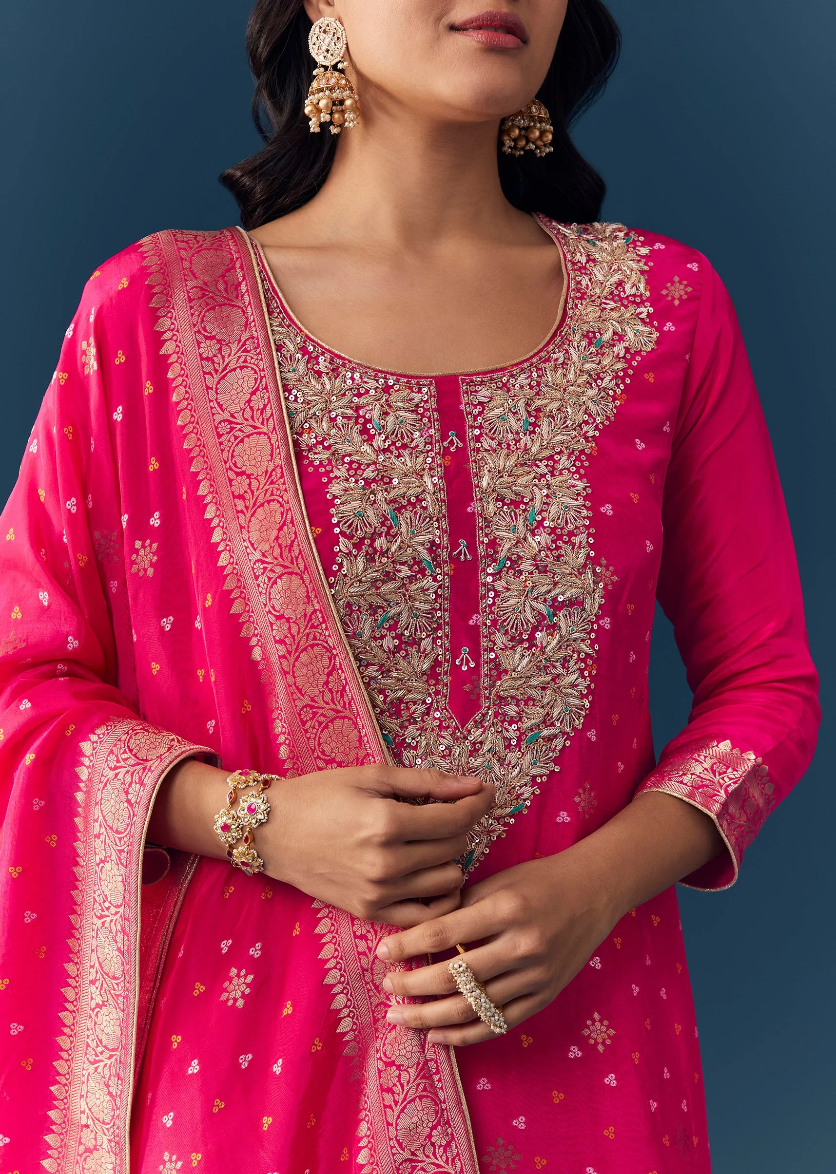 Pink Bandhani Zardozi Work Kurta Set - Image 2
