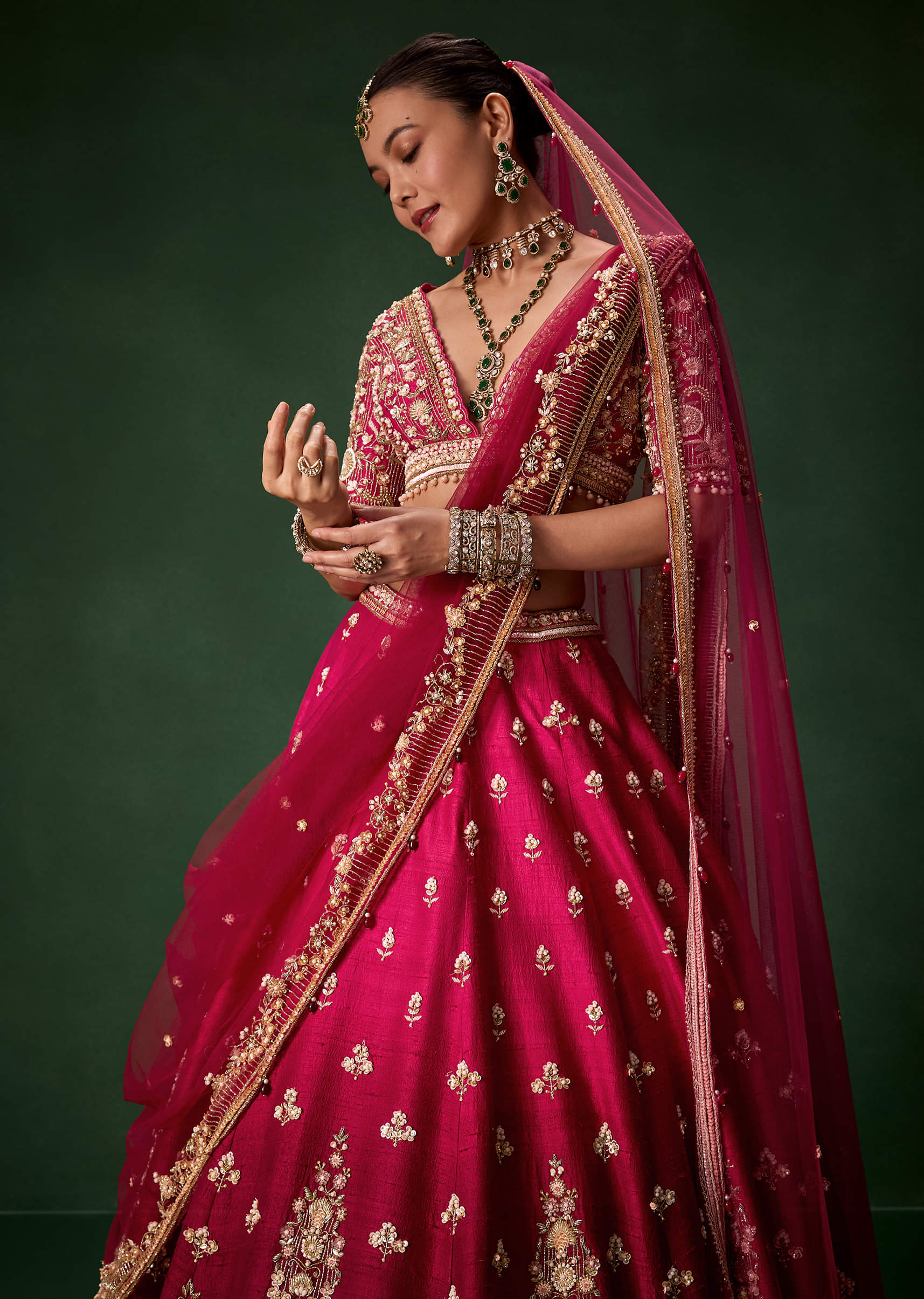 Pink Bridal Silk Lehenga Set with  Two Dupattas - Image 5