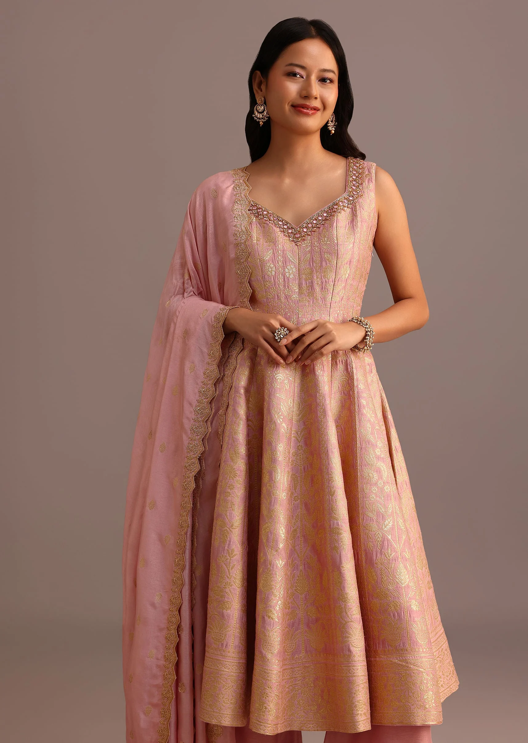 Pink Brocade Weave Kurti Palazzo Suit With Dupatta - Image 4
