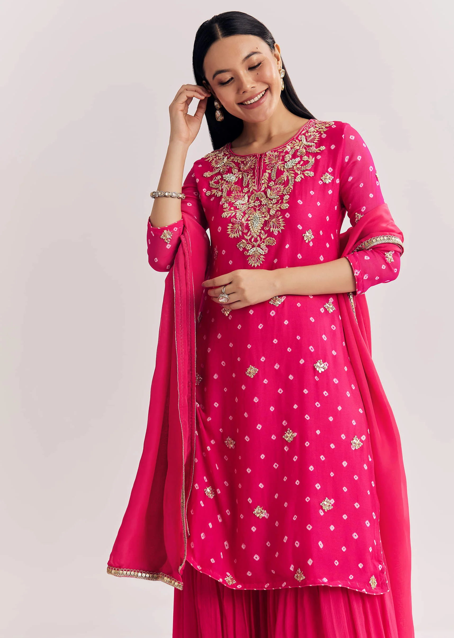 Pink Chinon Asymmetrical Kurta Sharara Suit With Embroidery - Image 2