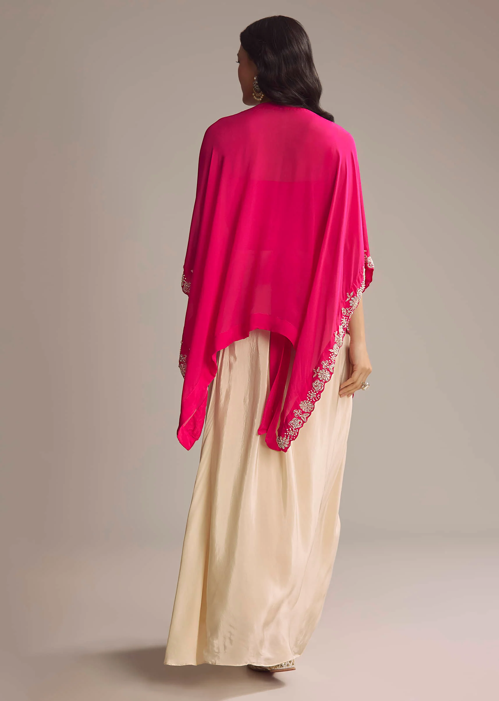 Pink Chinon Crop Top And Drape Skirt With Sequins And Moti Work - Image 5