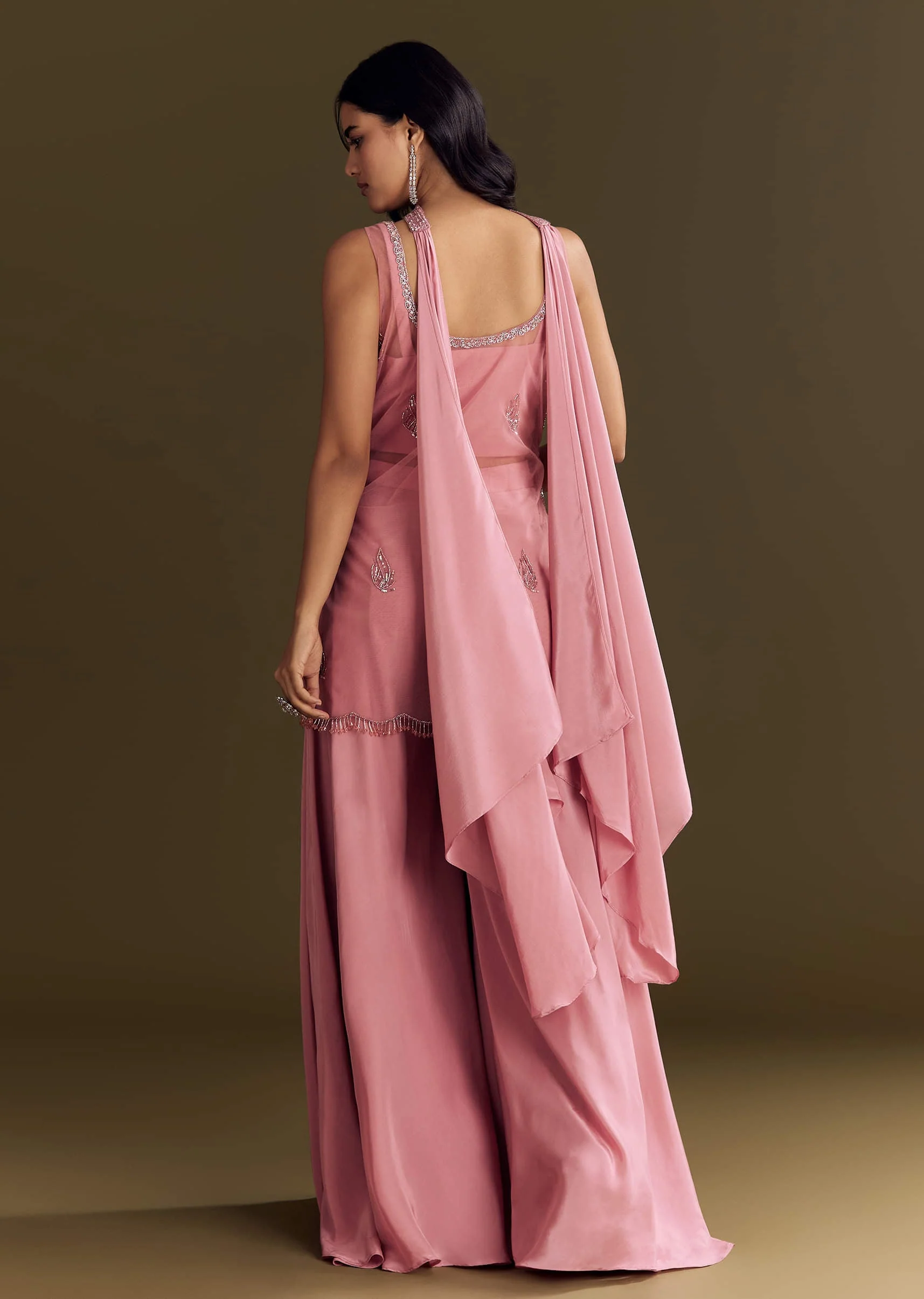 Pink Crepe Embroidered Kurta Palazzo Suit Set With Net Choker Dupatta - Image 5