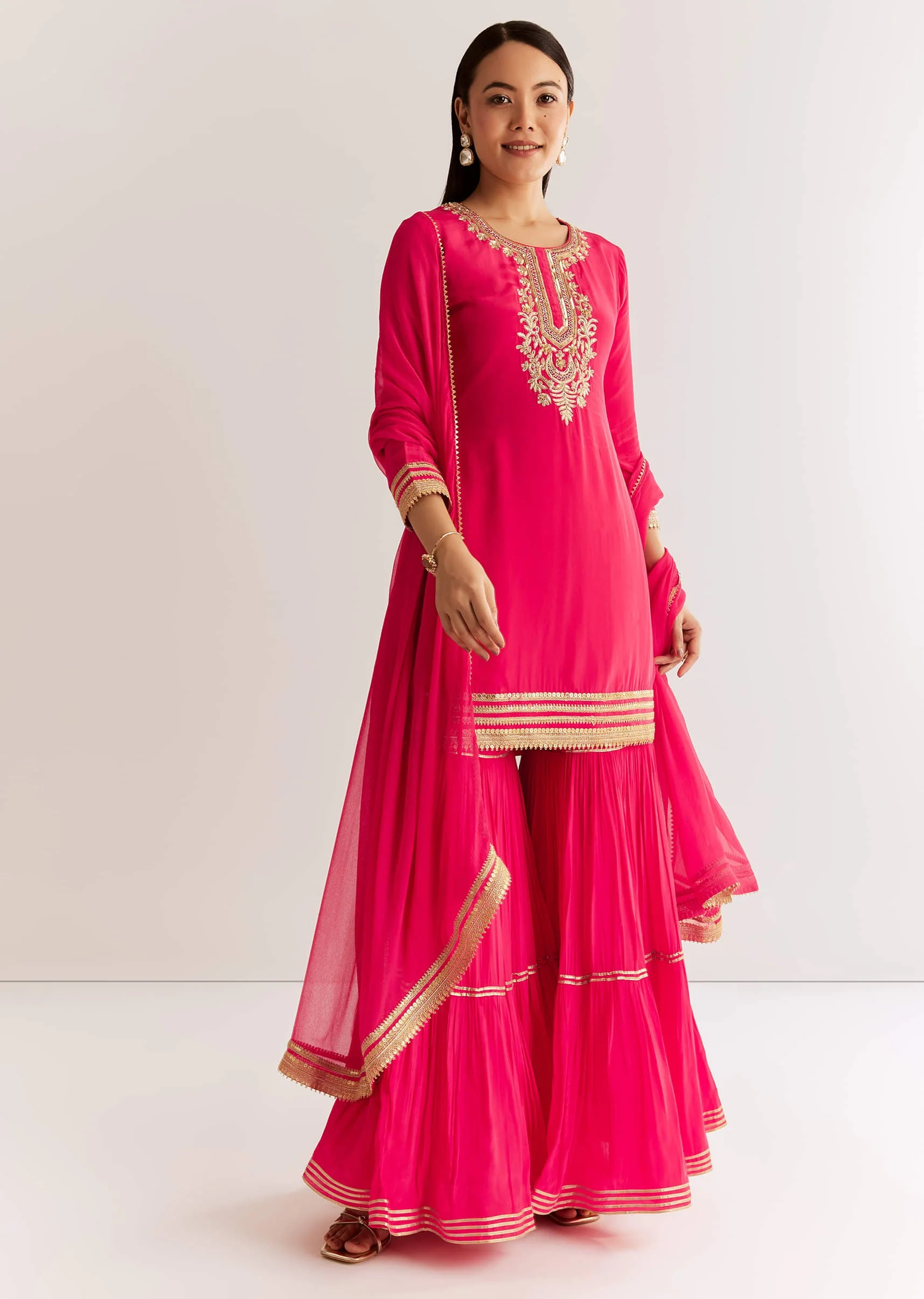 Pink Crepe Kurta Set With Zardosi And Sequins Dupatta - Image 2